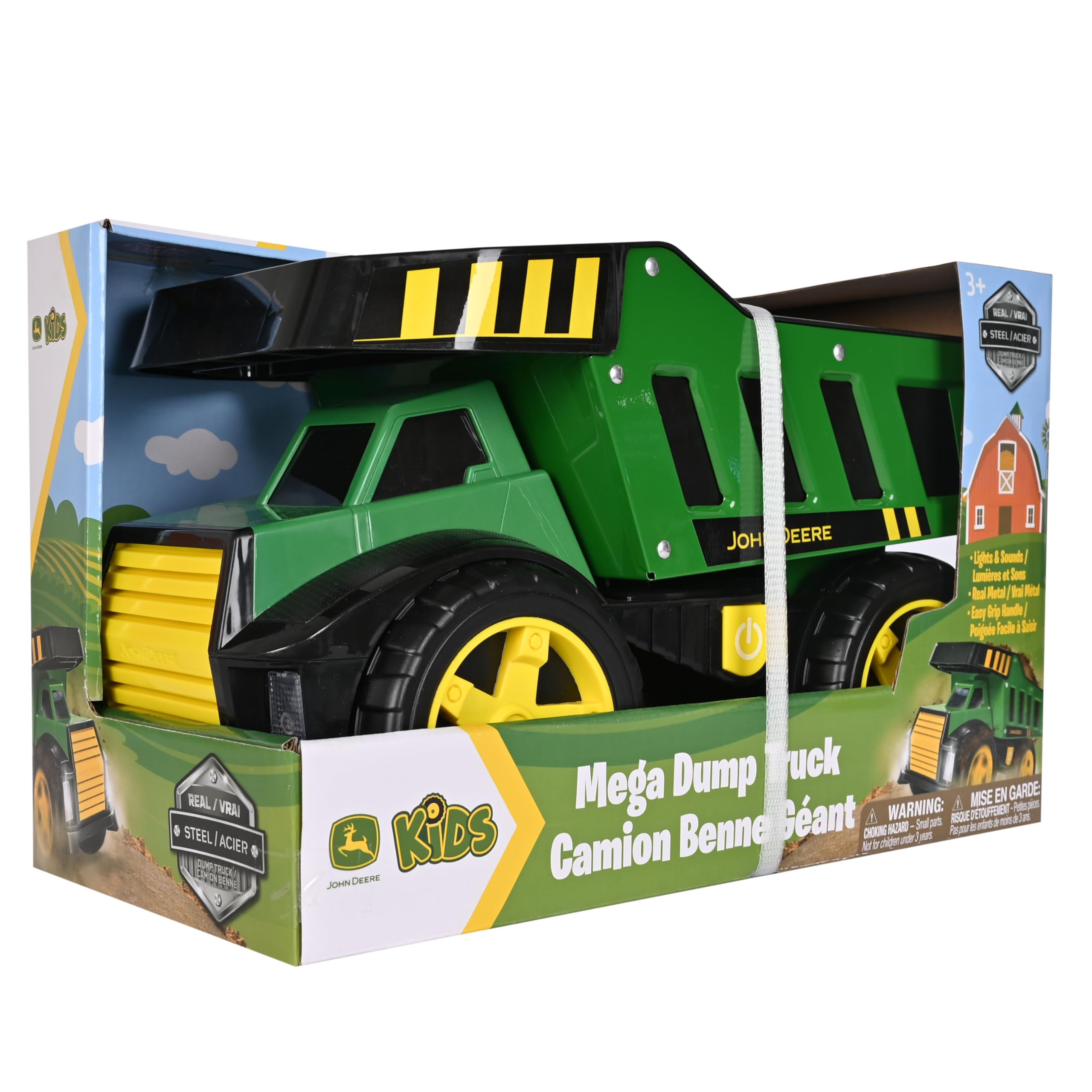 John Deere 16-calowa metalowa wywrotka, realistyczne światła i dźwięki, solidne metalowe łóżko do ciężarówek, bardzo duże koła, wytrzymała zabawka pojazdu budowlanego dla dzieci, a
