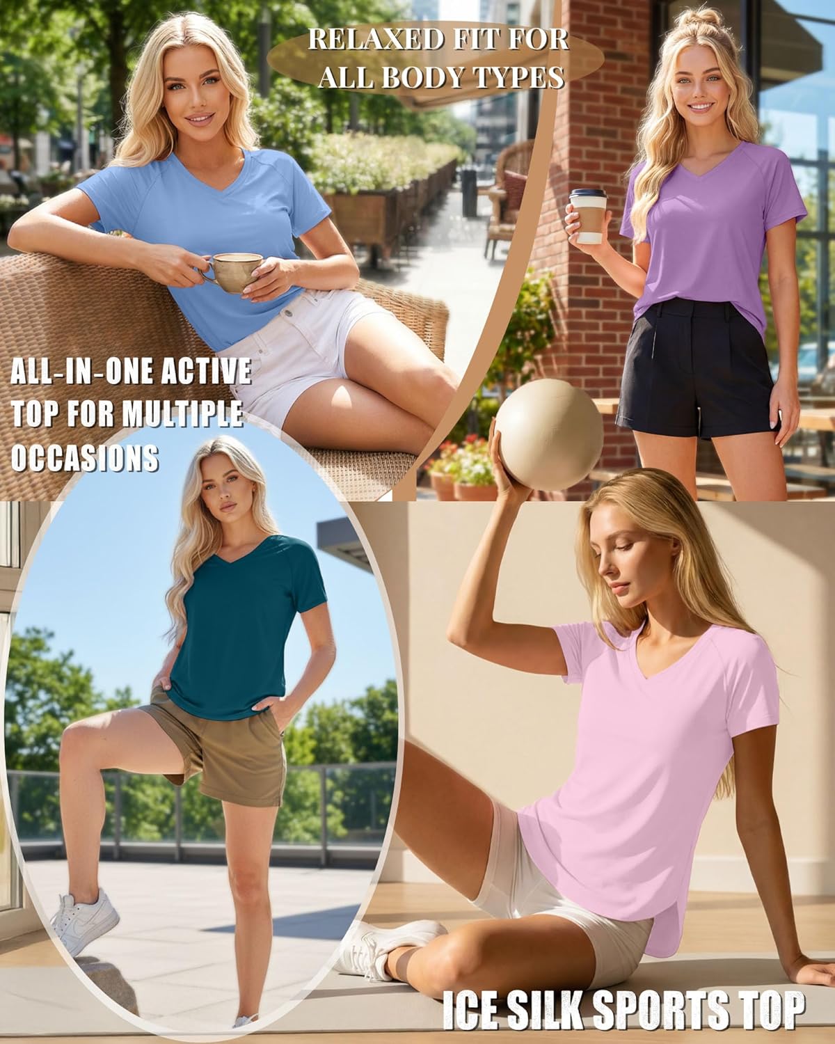 4 Pack Women's Workout Shirts Short Sleeve Quick Dry Tops V Neck Athletic Gym Blouses Side Split Curved Hem