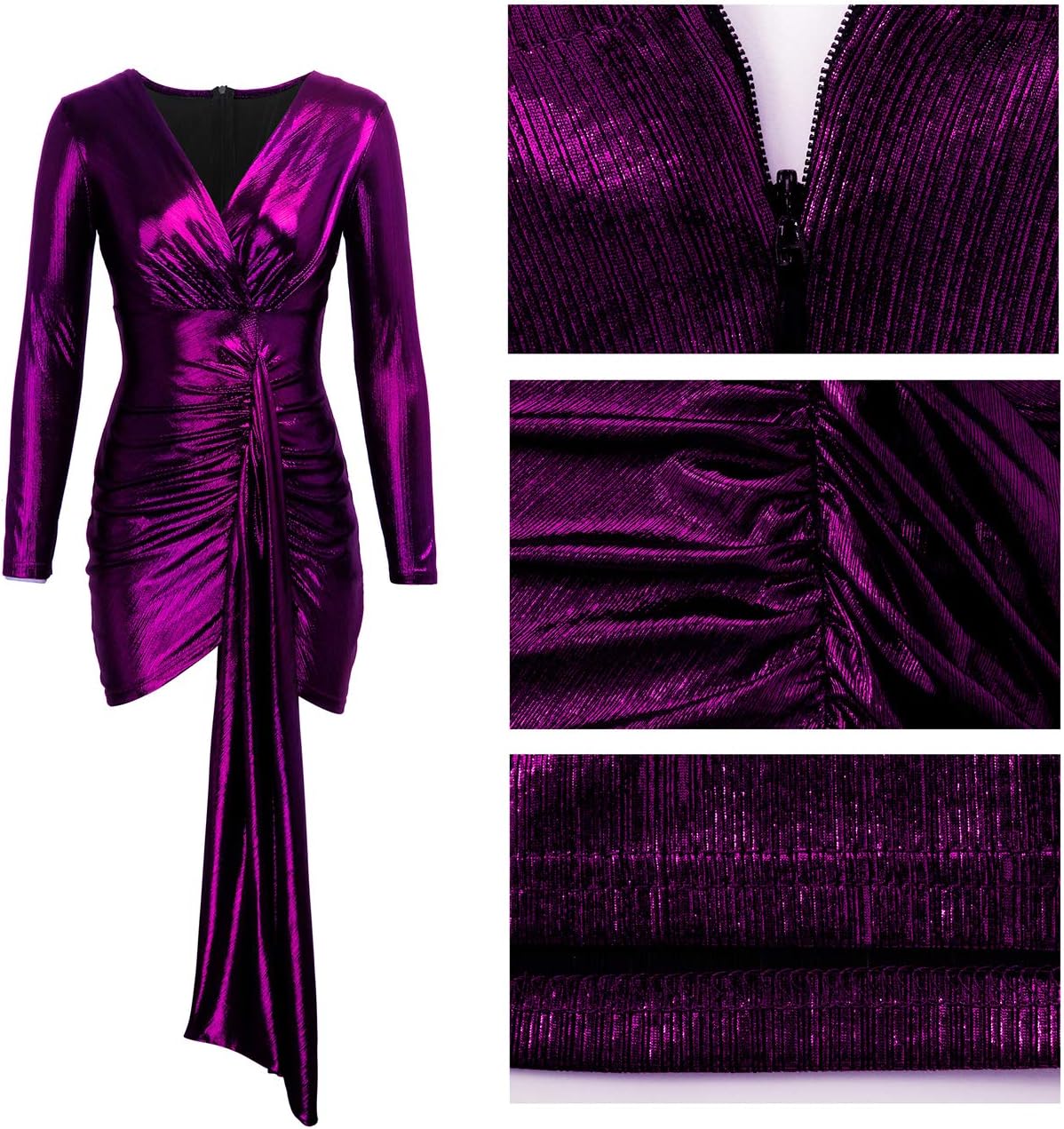 Women's Sexy Dress Deep V Neck Long Sleeve Ruched Sparkly Bodycon Club Mini Dresses for Party Club Night - Image 7