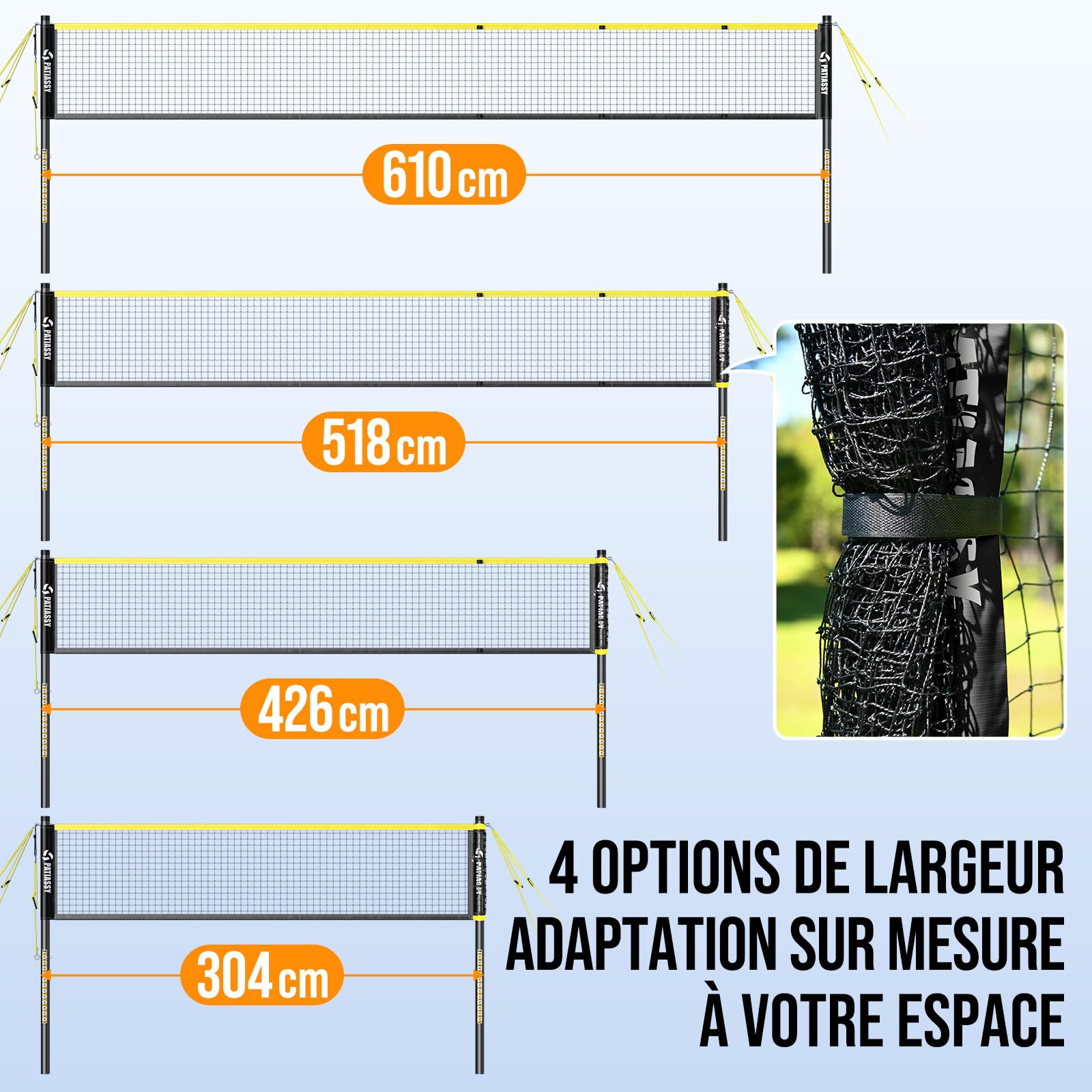 Filet de Badminton de 6.1m,Largeur réglable de 3-6m, Portable et Pliable, utilisable à l'intérieur comme à l'extérieur, idéal pour Adultes