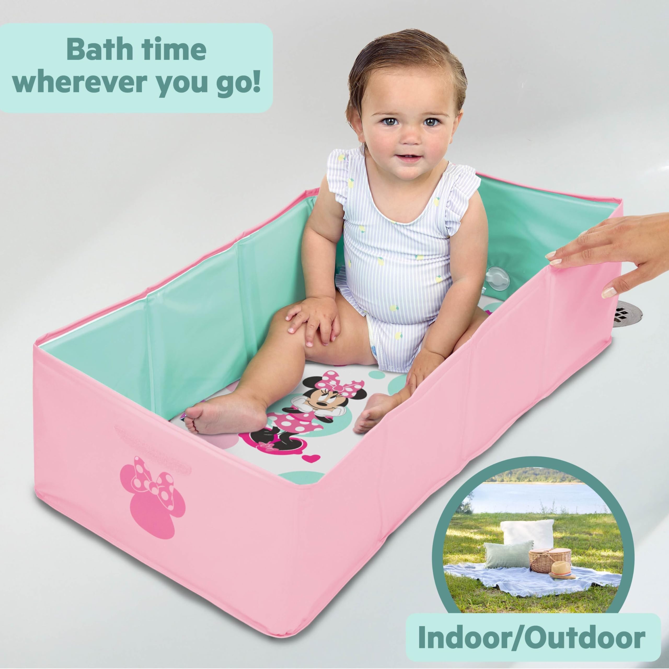 Bright Starts, Disney Baby Tuckaway Vaschetta Bagnetto Neonato Pieghevole, Vasca Neonato Bagnetto Portatile, per Uso Interno/externo, Adatta 12 Mesi-5 Anni, Rosa Minni
