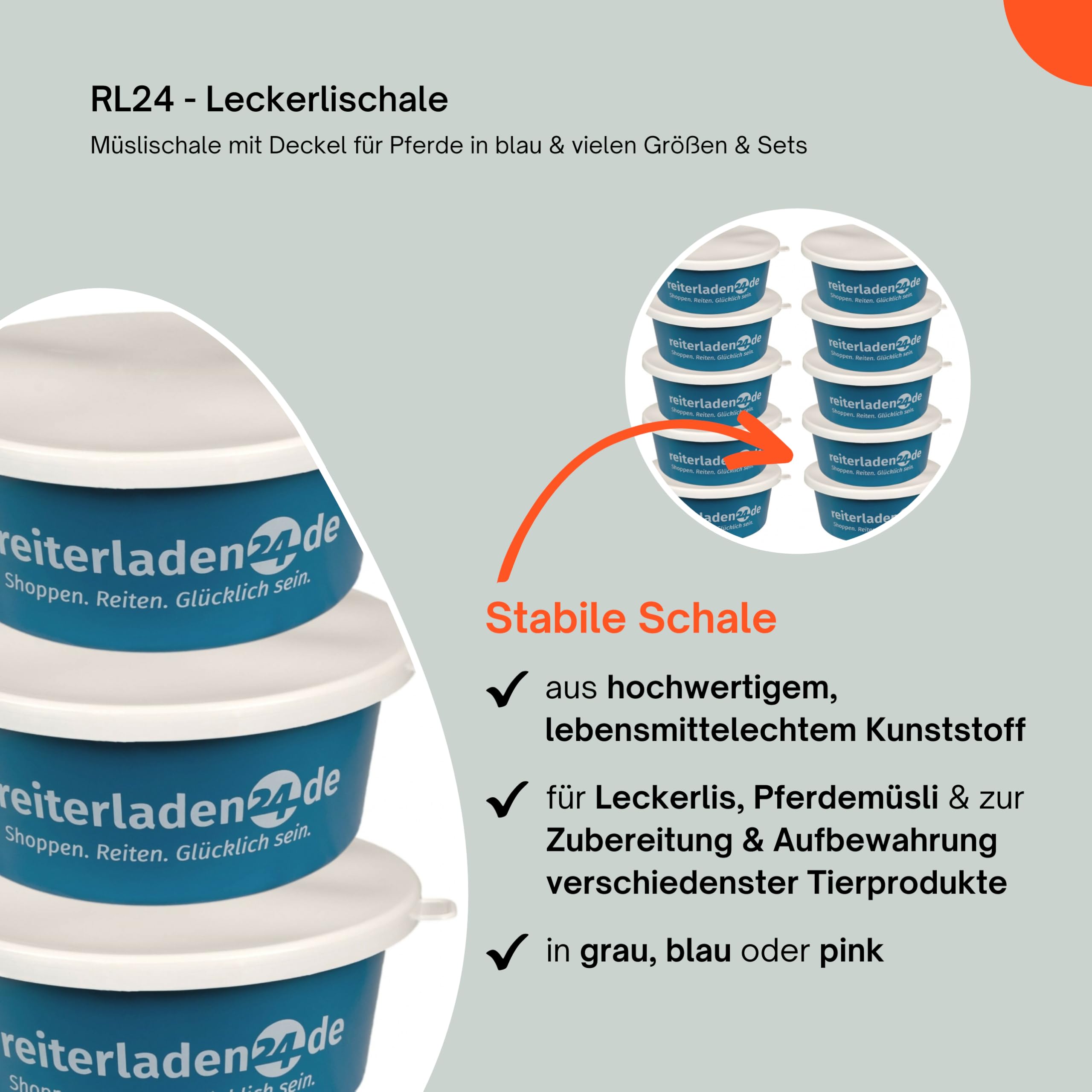 RL24 Leckerlischale Müslischale mit Deckel für Pferde Futterschale 5er Set Blau 2l Pferdezubehör