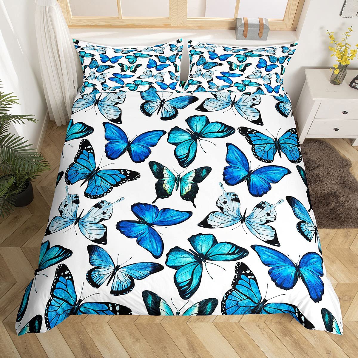 Loussiesd Butterfly Bedding Duvet Cover Set Girls Luxury Blue Butterflies Bedding Set Teens Women Flying Animal Comforter Cover Set Nature Garden Bedding & Linen Bedroom Bedclothes Single Size - Image 3