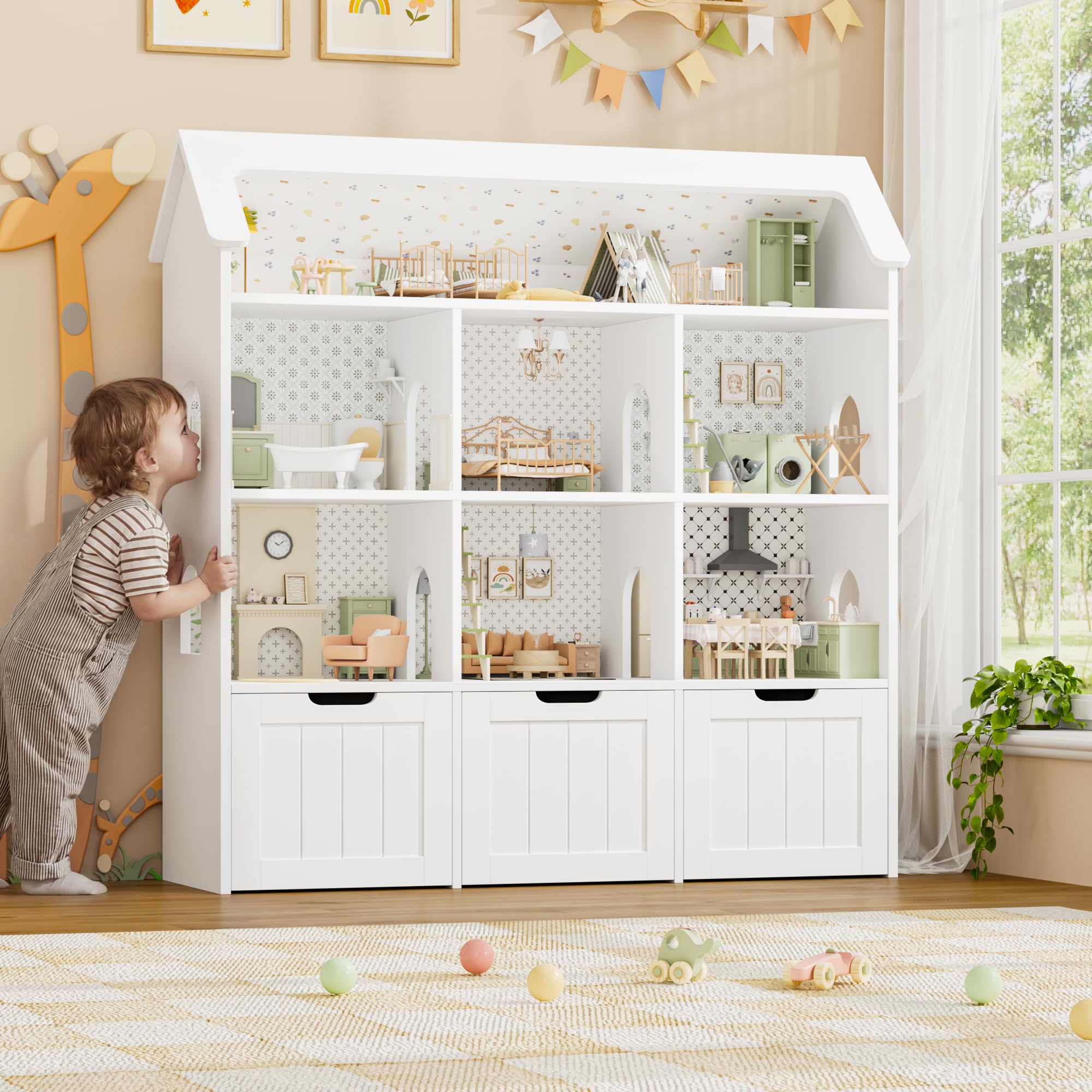 FOREHILL Meuble Rangement Enfant, Maison de Poupée, Bibliothèque Enfant avec 7 Étagères 3 Tiroirs Roulants, Rangement Jouet Chambre Enfant, 120x30x117.5cm, Blanc