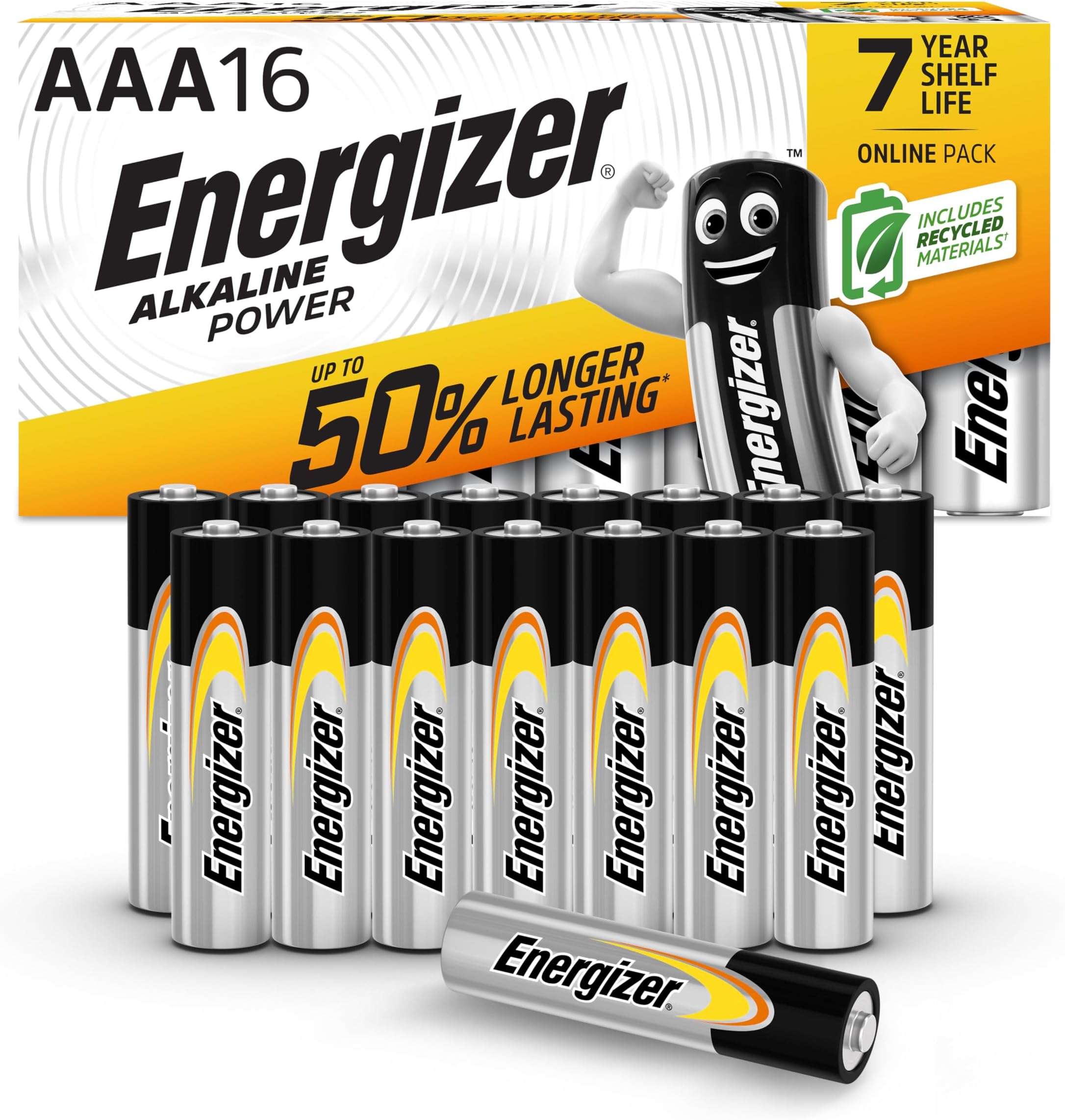 Energizer Alkaline Power - AAA Batteries (16 Pack) - Triple A Battery 1.5V - Up To 50% Longer Lasting - For Everyday Devices - 100% Recyclable Packaging - 7 Year Shelf-Life [Amazon Exclusive]