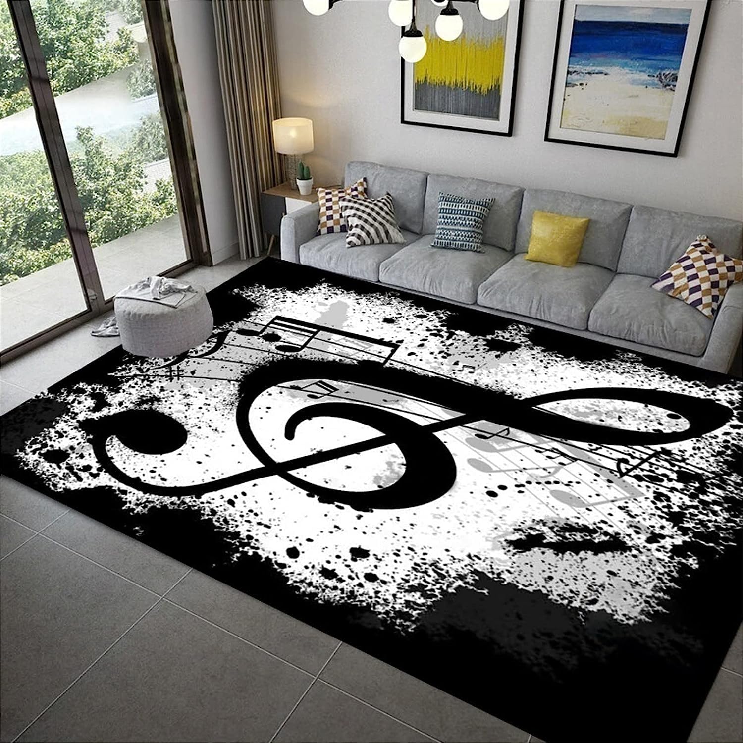 Tapis De Salon Doux Modèle 3D Doodle Symboles De Musique Noir Et Blanc Tapis De Sol Imprimé pour Couloir, Cuisine, Chambre d'enfant, Salle De Bain, Chambre À Coucher, Couloir, Bureau, Salle -0D6N+M8
