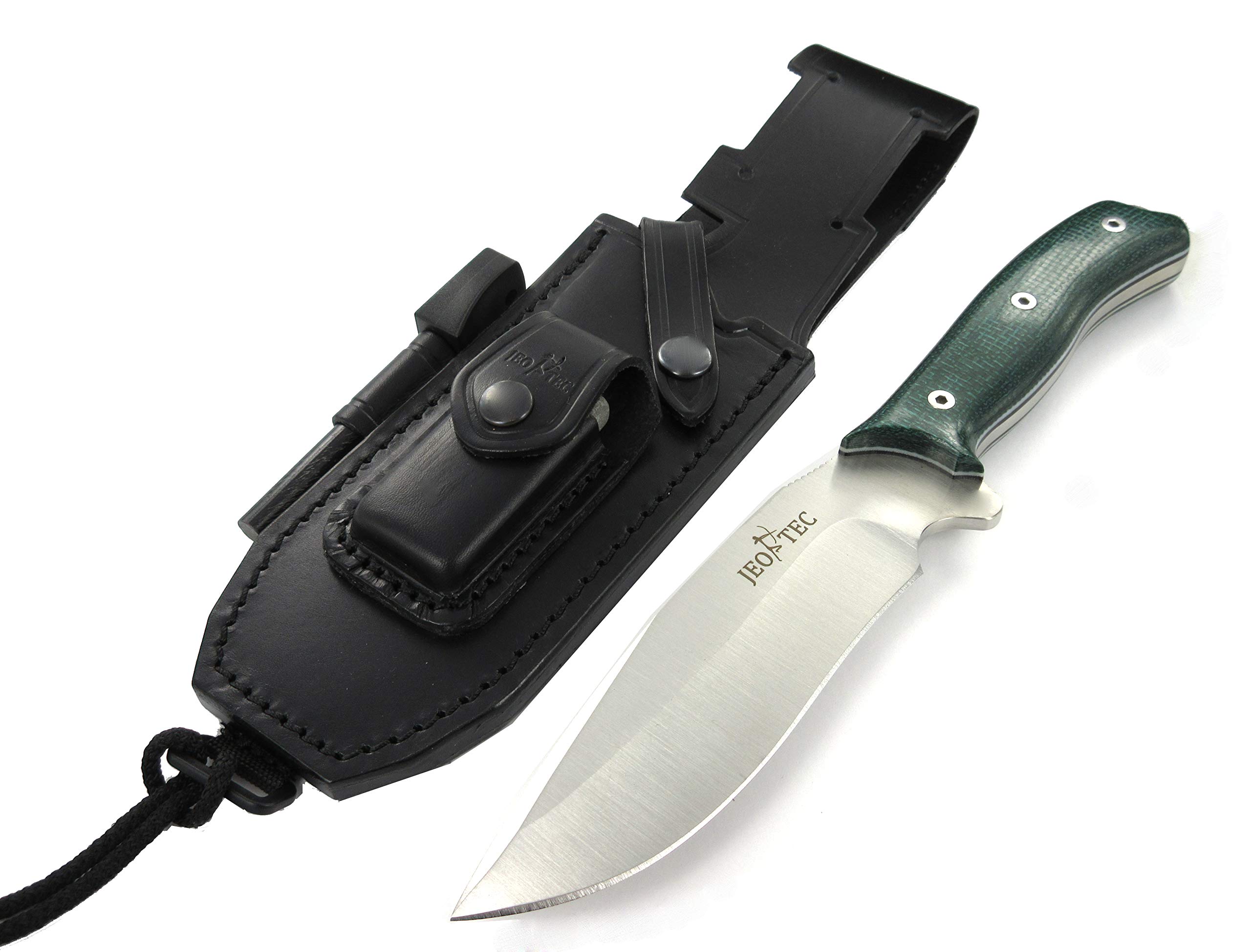 JEO-TEC Nº9 Cuchillo supervivencia caza monte bushcraft camping outdoor campo - Funda de piel con pedernal y piedra afilar incluidos - Acero MOVA-58 - Fabricado en España