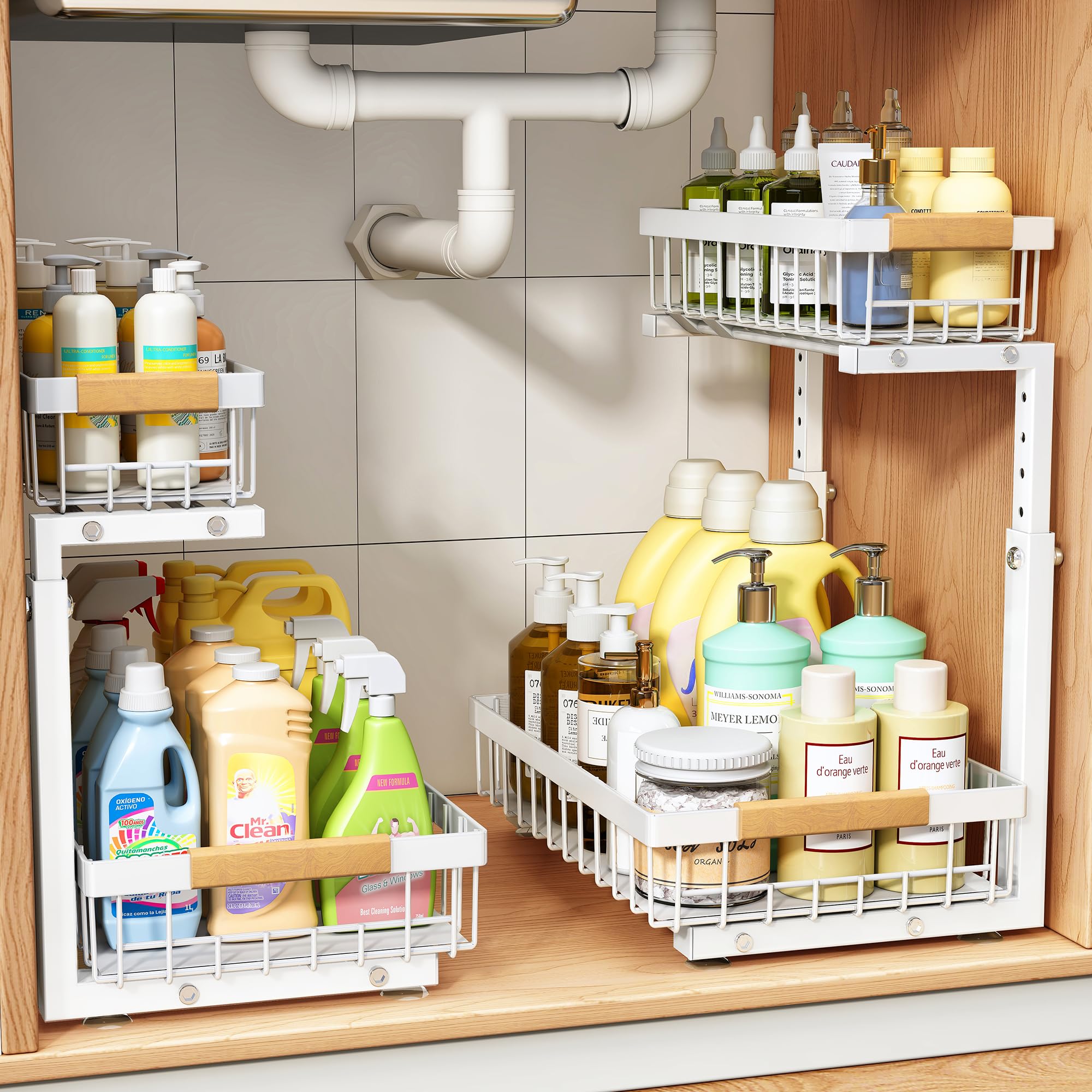 PXRACK Organizzatore sotto il lavandino, regolabile in altezza, 2 ripiani estraibili sotto l'armadietto, organizer scorrevole in metallo ispessito, per cucina, bagno, lavanderia, dispensa, armadio
