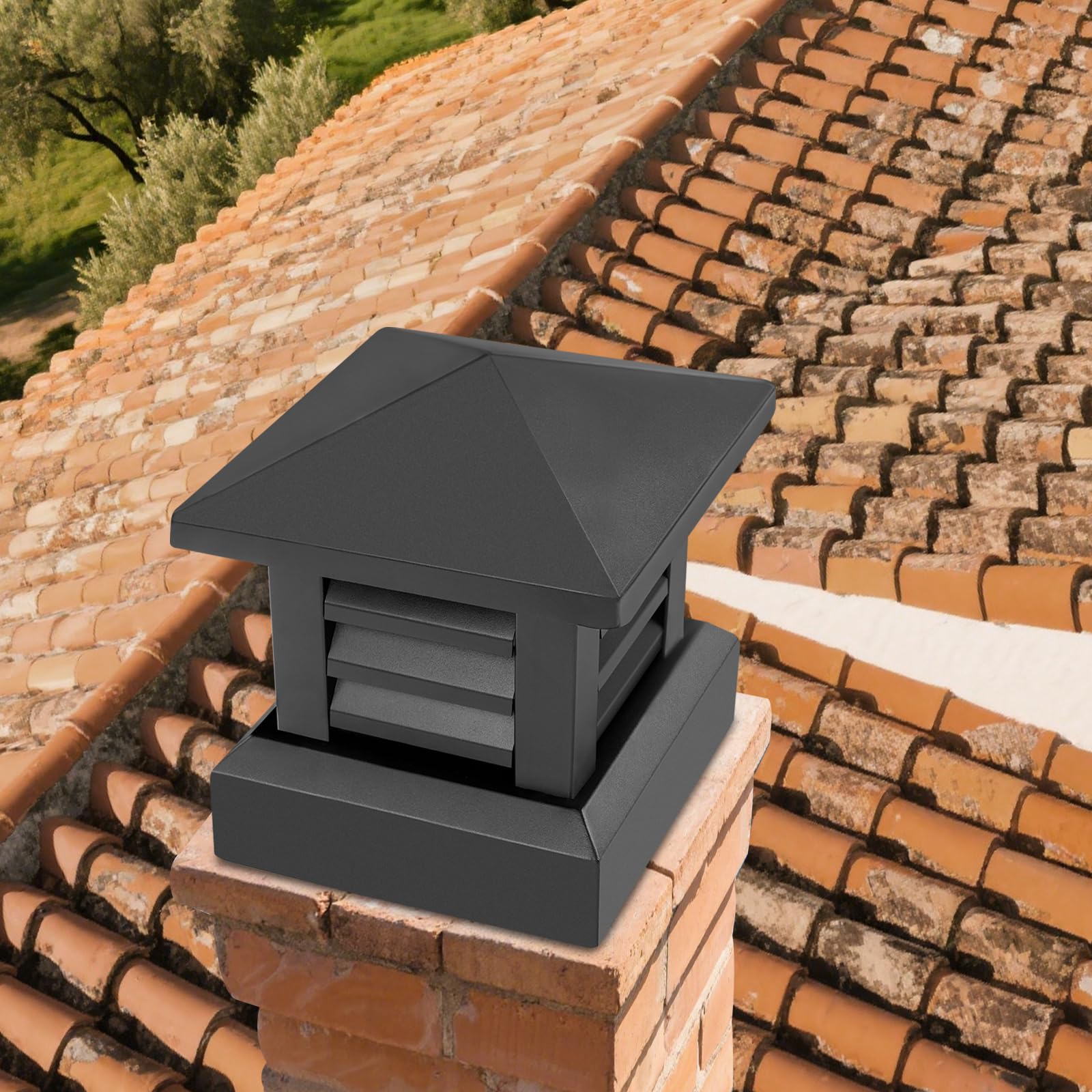 Sombrerete de chimenea con cubierta antilluvia de aluminio 25,5 cm | Protección frente a aves y hojas, salida de humos ventilada, grosor 1,2 mm, base cuadrada, acabado negro