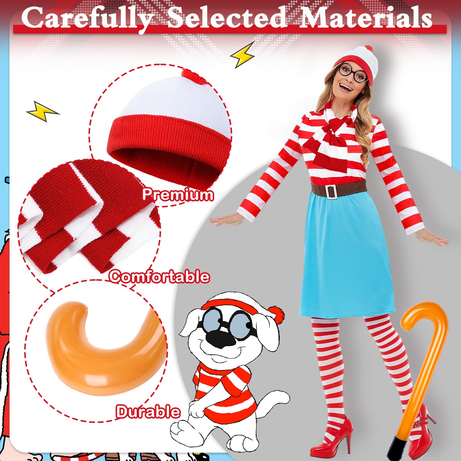 UxClishe Wally Costume Set for Adult Red and White Striped Accessories Set Wally Character Cosplay Costume Book Week Fancy Dress with T-shirt Beanie Hat Glasses Scarf for Halloween Dress Up-Women S - Image 4