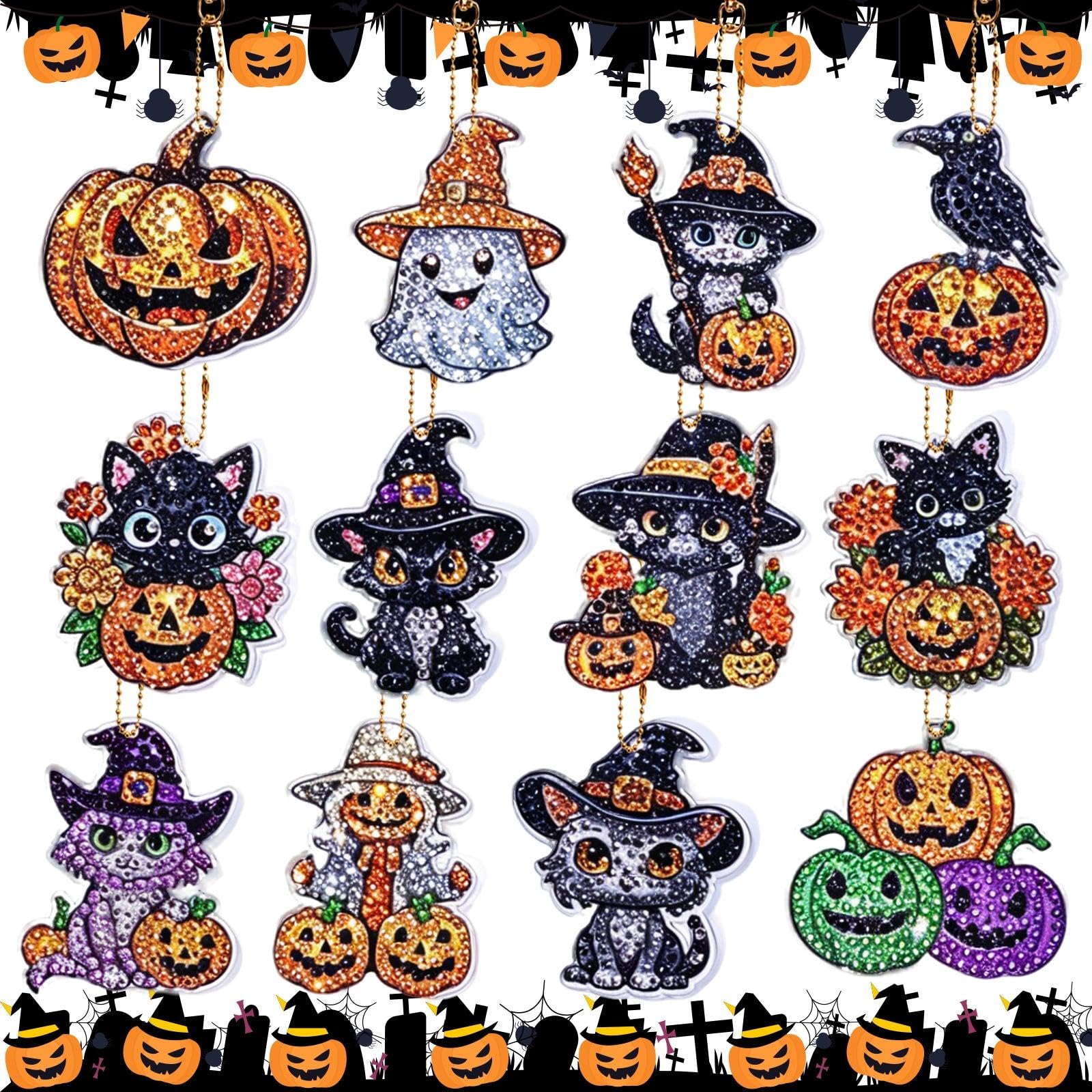 DOJASOHILMI 12Pcs 5D Halloween Pumpkin Diamond Painting Kit, DIY Cat Diamond Painting Keychains for Kids & Adults, Spooky 5D Art for Home Decor & Gifts