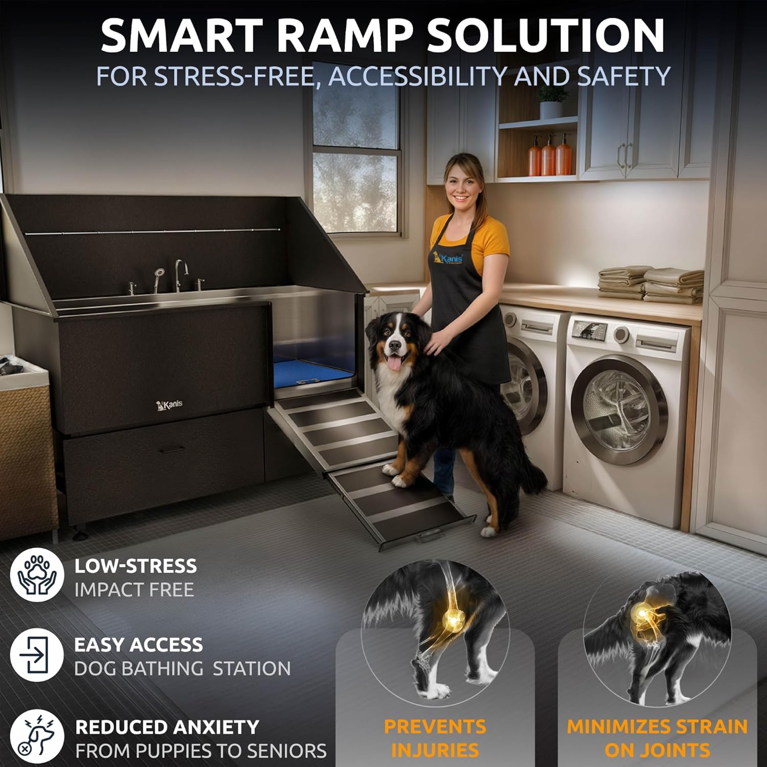 KANIS Professional Dog Washing Station 304 Stainless Steel Pet Wash Sink & Grooming Bathtub w/Shower, Floor Grates and Storage for Large, Medium & Small Pets (Black, 61 Inches, Right Ramp, 2 Drawers)