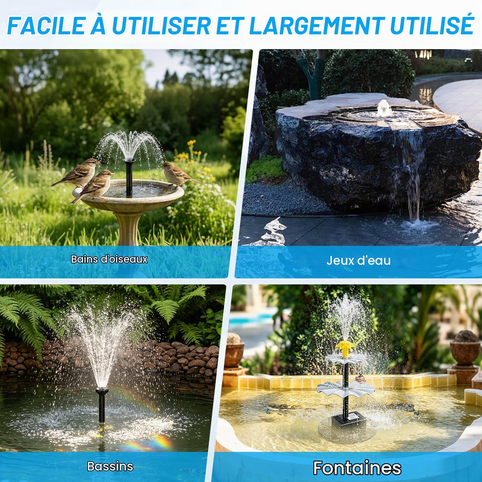 10W Fontaine Solaire, avec Batterie 1500mAh, Pompe Solaire pour Fontaine 250L/h 9 Buses Hauteur 90cm, Kit Fontaine Solaire pour Bassin de Jardin, Piscine, Aquarium, Baignoire à Oiseaux
