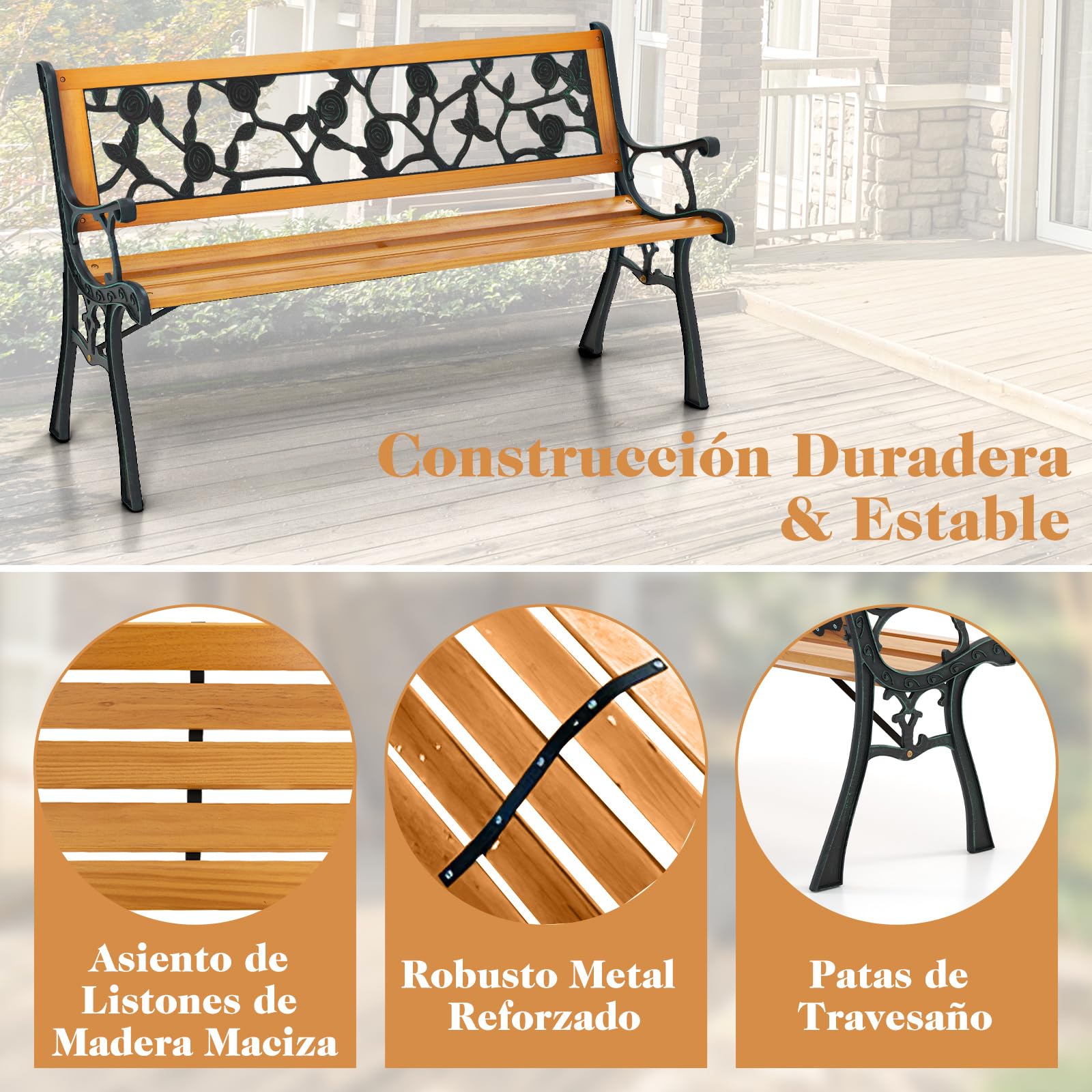 GOPLUS Banco Jardín Exterior de 3 Plazas, Banco de Madera de Pino con Estructura Metálica, Reposabrazos, Respaldo Decorativo, Asiento Listonado para Jardín Parque Patio (Estilo 1, 126 x 52 x 74 cm)