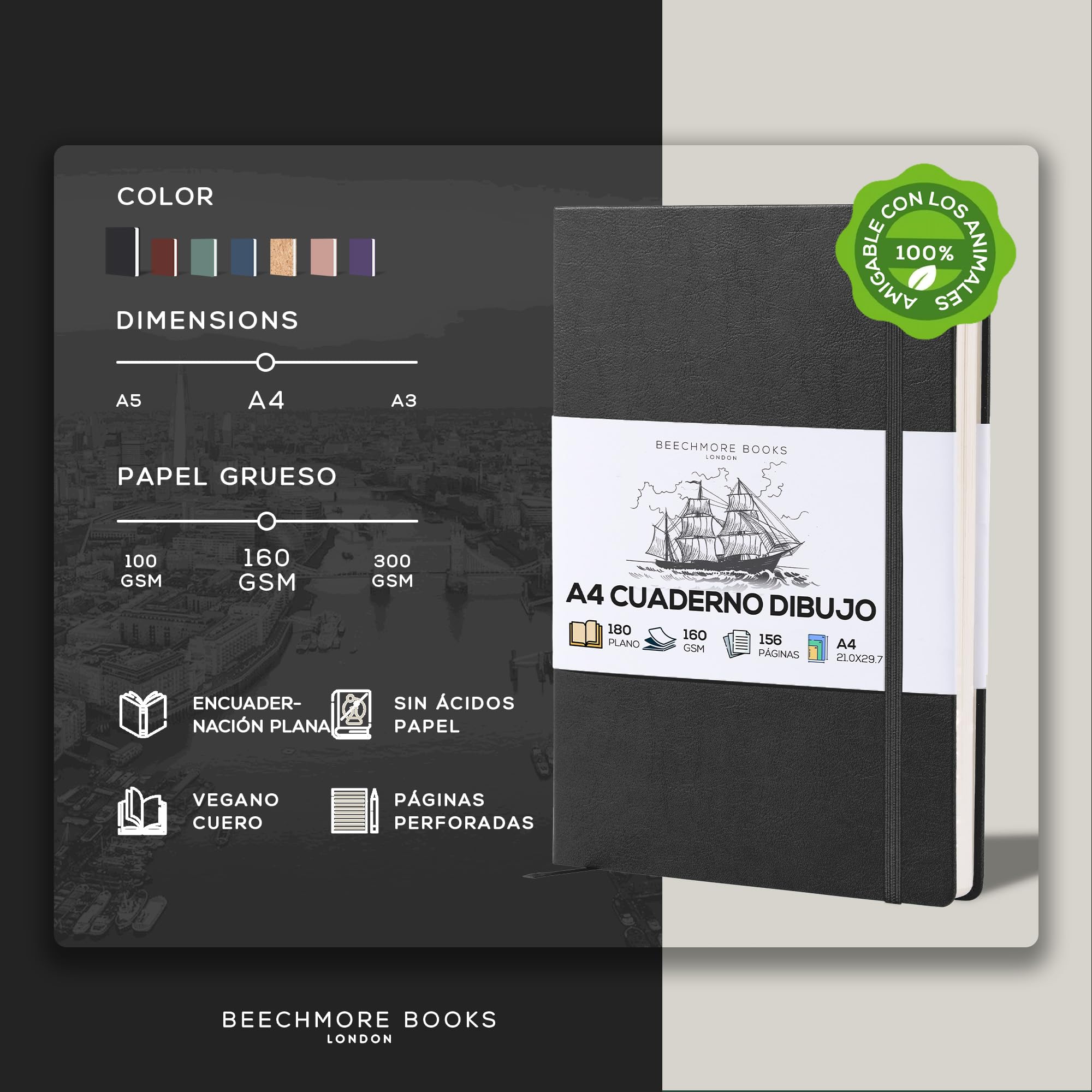 BEECHMORE BOOKS Cuaderno de bocetos A4 (21 x 29,7 cm) – 156 páginas, 160 g/m² | Tapa dura piel vegana, apertura plana, bloc en blanco, caja de regalo, hojas perforadas, bloc de dibujo profesional