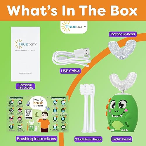 Miniatura 5 de Trueocity Cepillo de dientes en forma de U para niños, cepillo de dientes automático recargable para niños pequeños, cabezal de cepillo de silicona