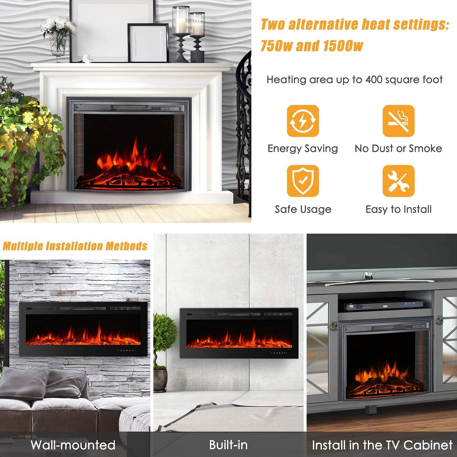 Amazon.com: CharaVector Electric Fireplaces-60 Inch-Recessed and Wall  Mounted Fireplace- Insert Heater LED Fire Place-Remote Control u0026 Touch  Screen,1-12 Hours Timer, 12 Color Flame and Log Color : Home u0026 Kitchen