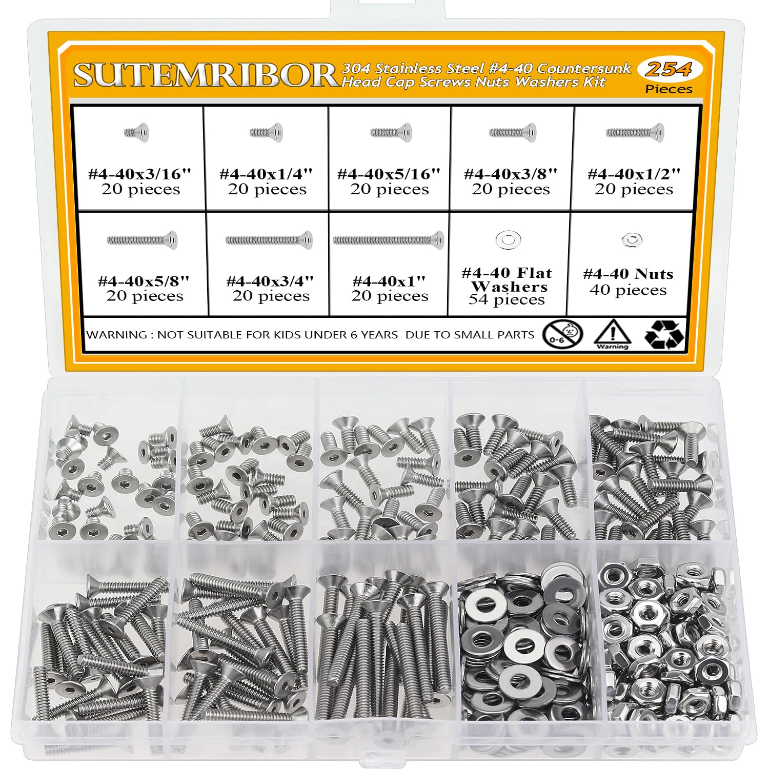 244 Pieces #6-32 x 1/4", 5/16", 3/8", 1/2", 5/8", 3/4", 1", 1-1/4", Phillips Countersunk Head Machine Screws Nuts Washers Assortment Kit