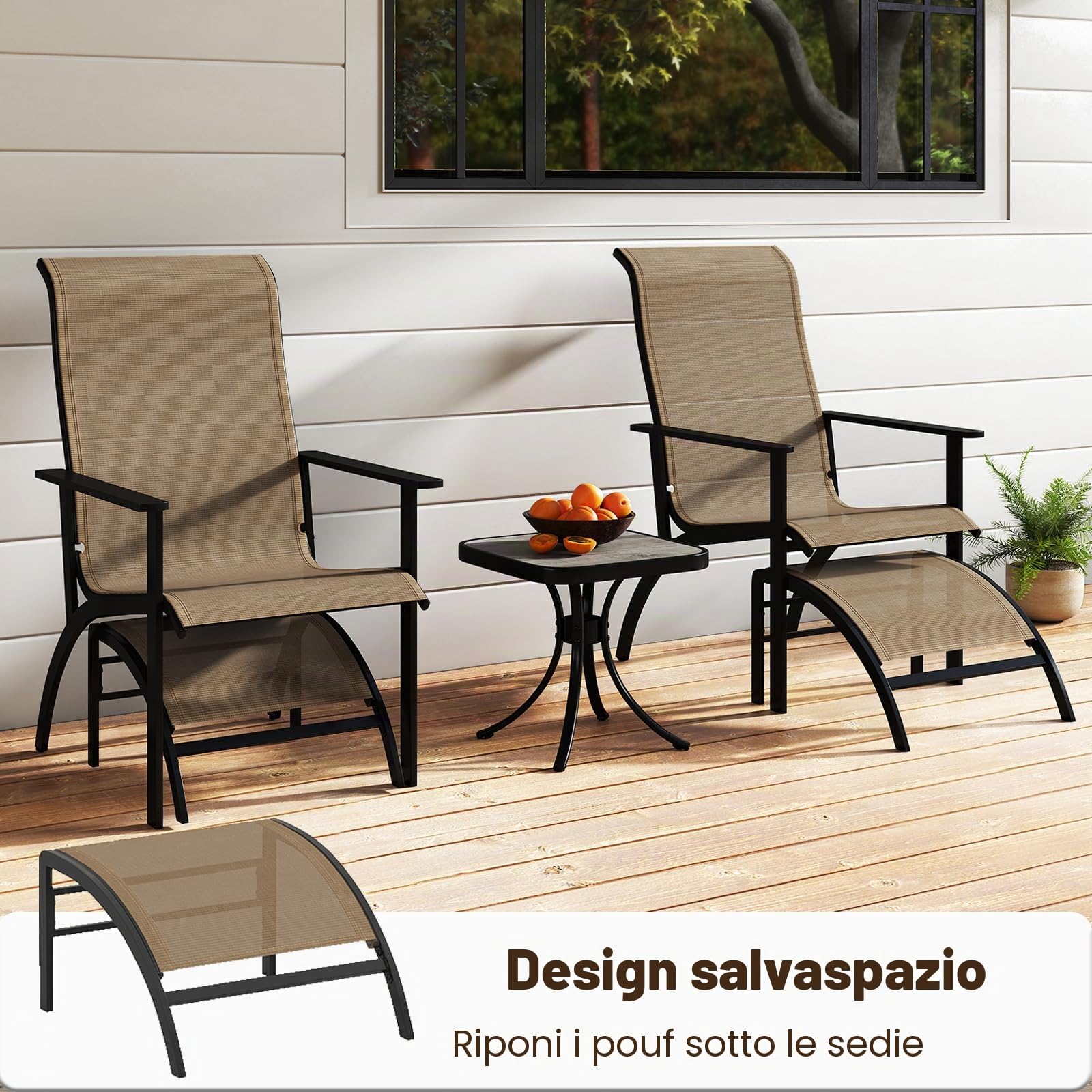 KOMFOTTEU Set di Mobile da Giardino in 5 Pezzi, Set Tavolo e Sedie da Balcone in Tessuto Textilene, Set da Bistrò con Tavolo, 2 Sedie Adirondack e 2 Poggiapiedi per Terrazza, Bordo di Piscina, Marrone