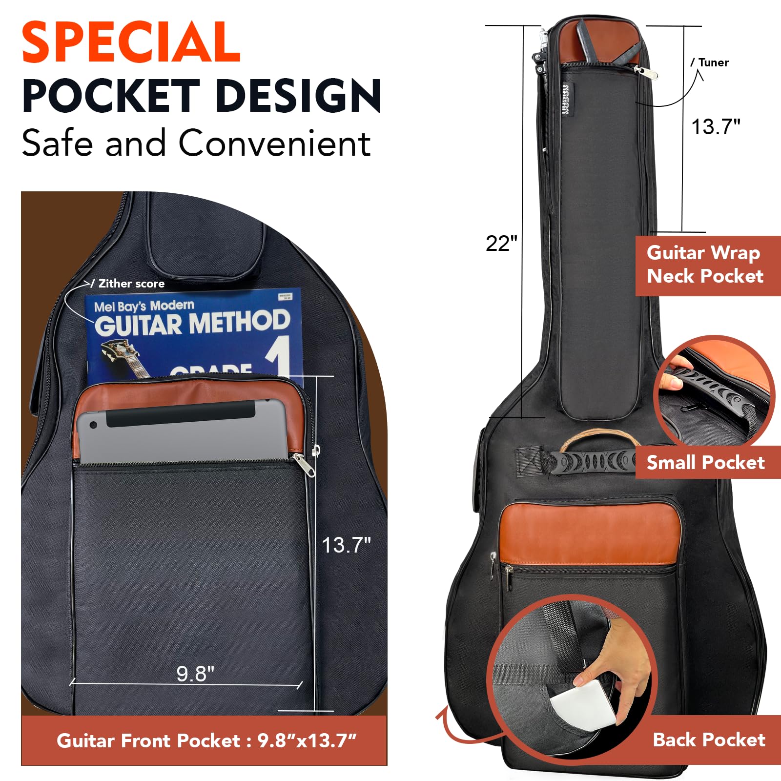 NAGAN Acoustic Guitar Bag with Extra Thick 0.5-inch Padding,40 41 42 inch Gig Guitar Bag with Adjustable Shoulder Straps, Internal Neck Magic Tape, Back Hanger Loop, Waterproof Wear-resistant (Black)