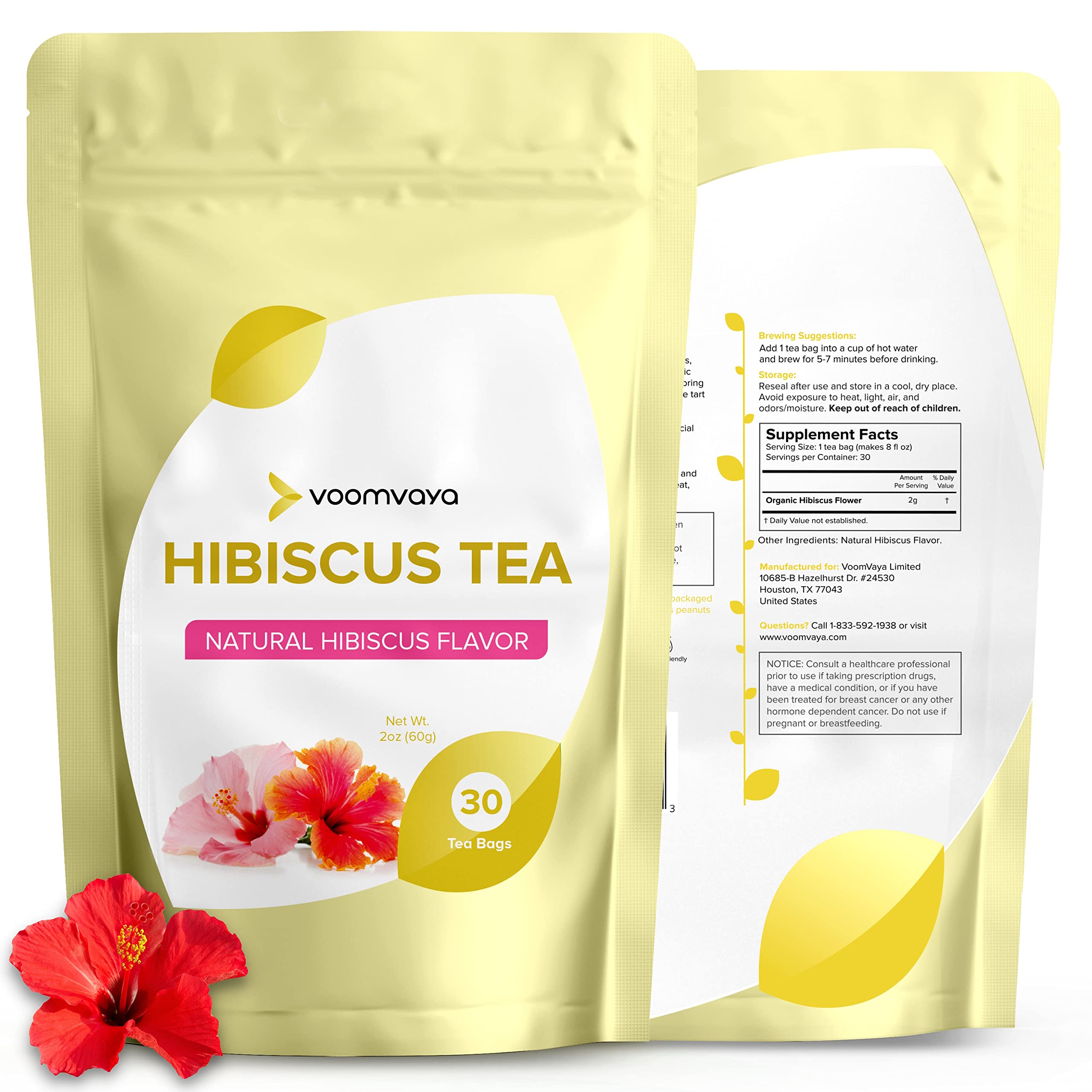 VoomVaya Hibiscus Tea Organic - Caffeine Free Hibiscus Flowers - Delicious, Tart & Refreshing - Resealable Pack - 30 Compostable Tea Bags