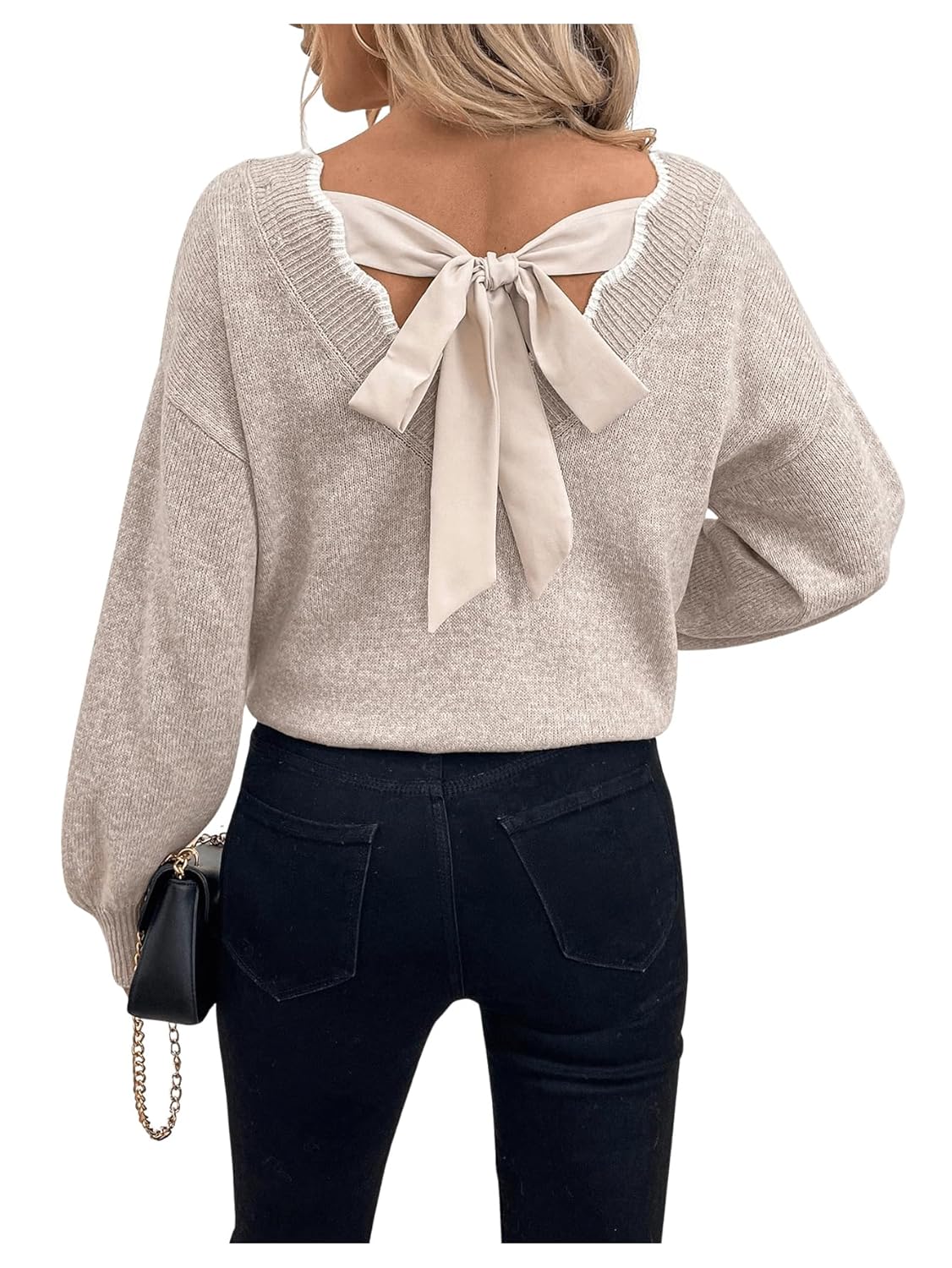 MakeMeChic Womens Bow Fall Sweater Tie Backless Scallop Trim Knitted Pullovers Tops