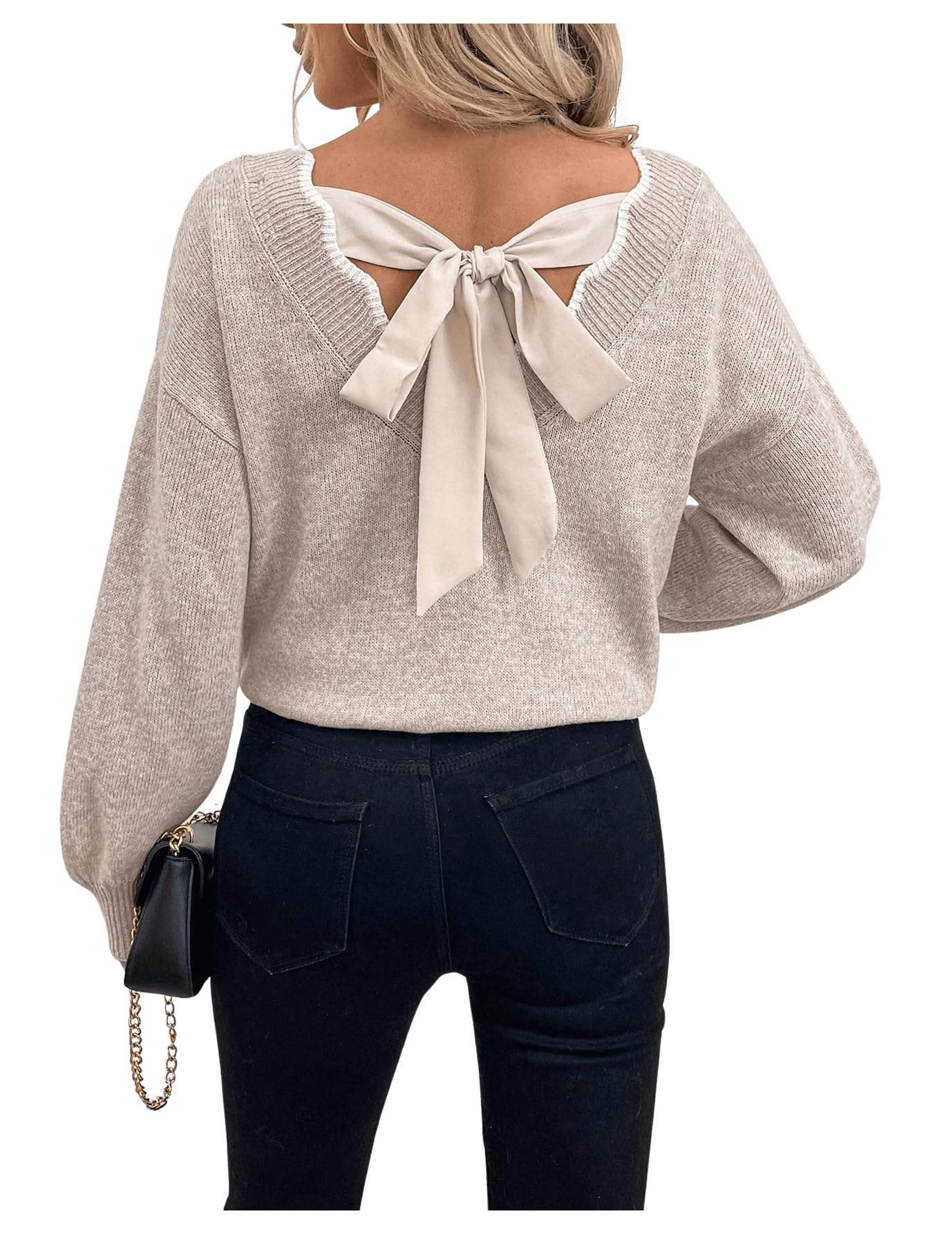 MakeMeChic Womens Bow Fall Sweater Tie Backless Scallop Trim Knitted Pullovers Tops