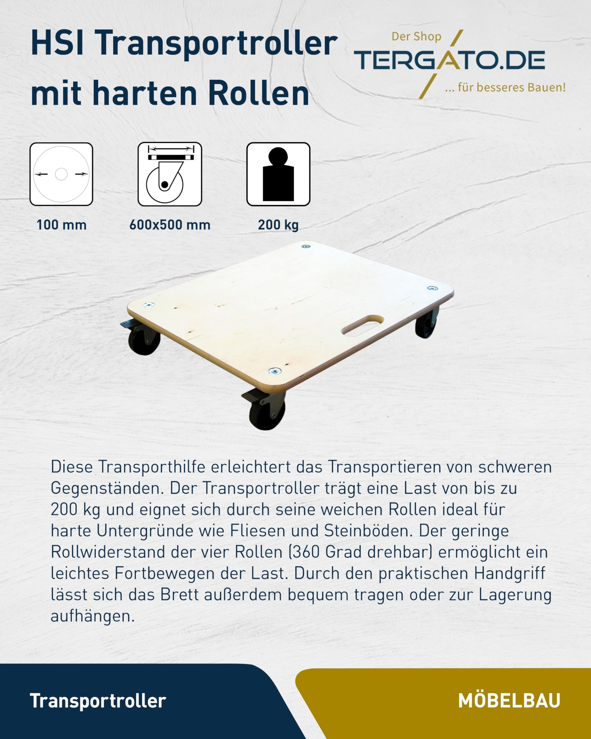 HSI Transportroller Schwerlast bis zu 300 kg 600 x 500 mm - Blockierbarer Möbelroller ohne Wegrollen, Rollbrett mit harten Rollen, Transportwagen für Möbel oder Waschmaschine, Mit Tragegriff