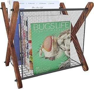 Magazine Rack Storage High-capacity with Sturdy Metal Wire Standing Basket and Smooth Retro X-shaped Wooden Sticks, Suitable to Hold Magazines, Records, Newspapers, Books in Bed Room, Living Room, Dining Room and Office, 15.4"L × 11.2"W ×15.1"H