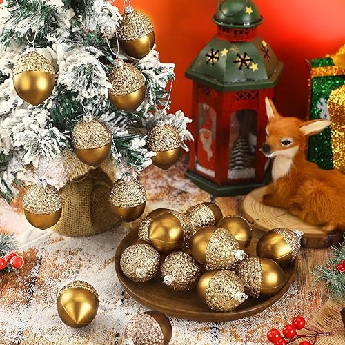 Vista 9 de Lyrow 24 adornos de bellota de Navidad, decoración artificial de bellota, pequeño adorno colgante para árbol de Navidad, manualidades, manualidades