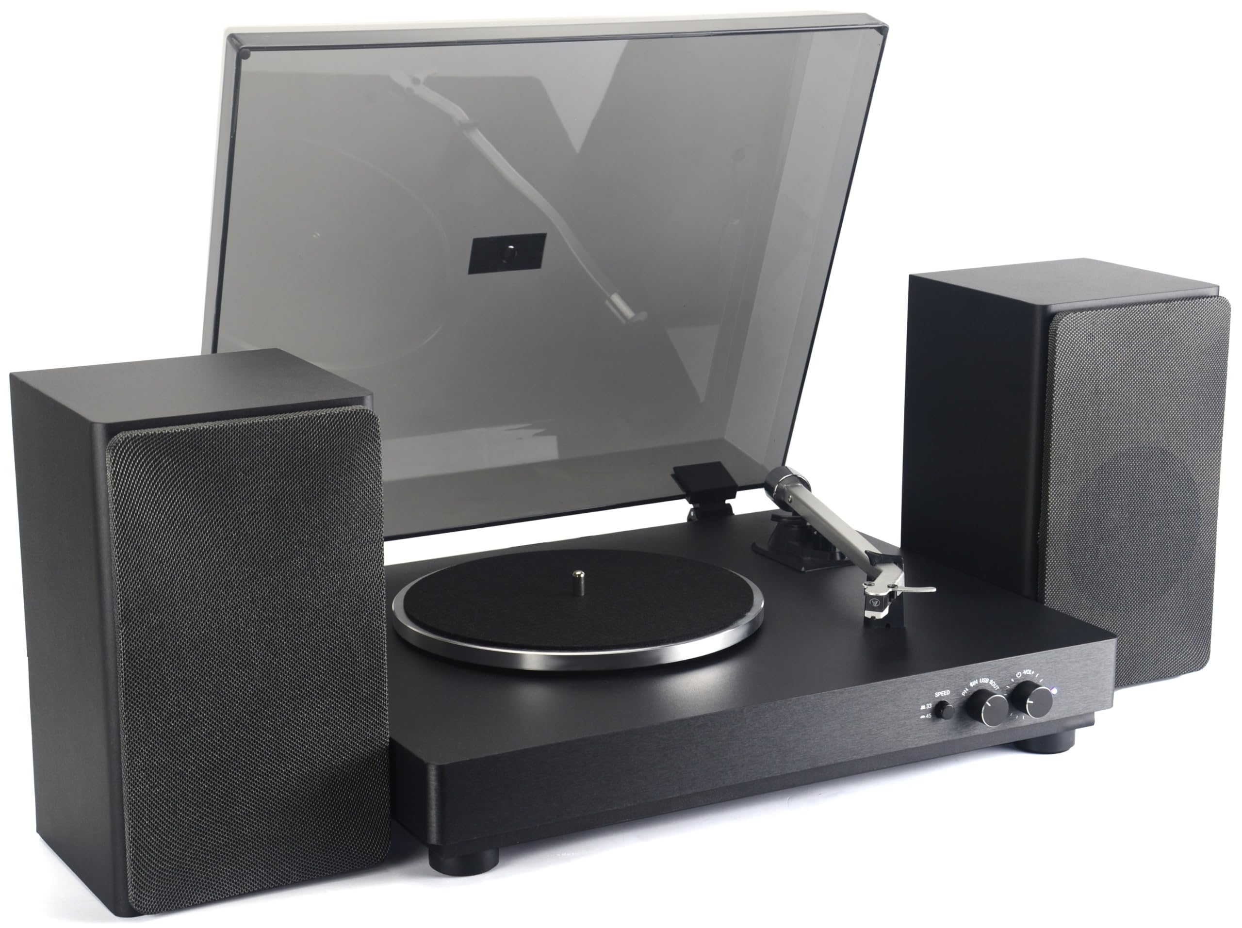 Majestic TT 64 - Tourne-Disque 33/45 Tours, entrée et Sortie Audio sans Fil, Haut-parleurs stéréo externes 30 W, entrée USB, Noir