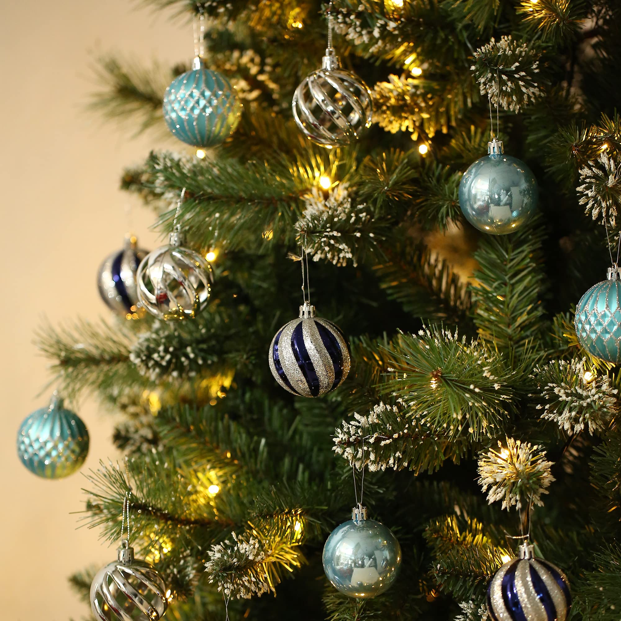 QinYing 24pcs 2.36'' Christmas Balls Ornaments Shatterproof Colorful Glittering Baubles Set Xmas Tree Pendants Holiday Party Balls Decoration(Dark/Light Blue & Silver 6cm)