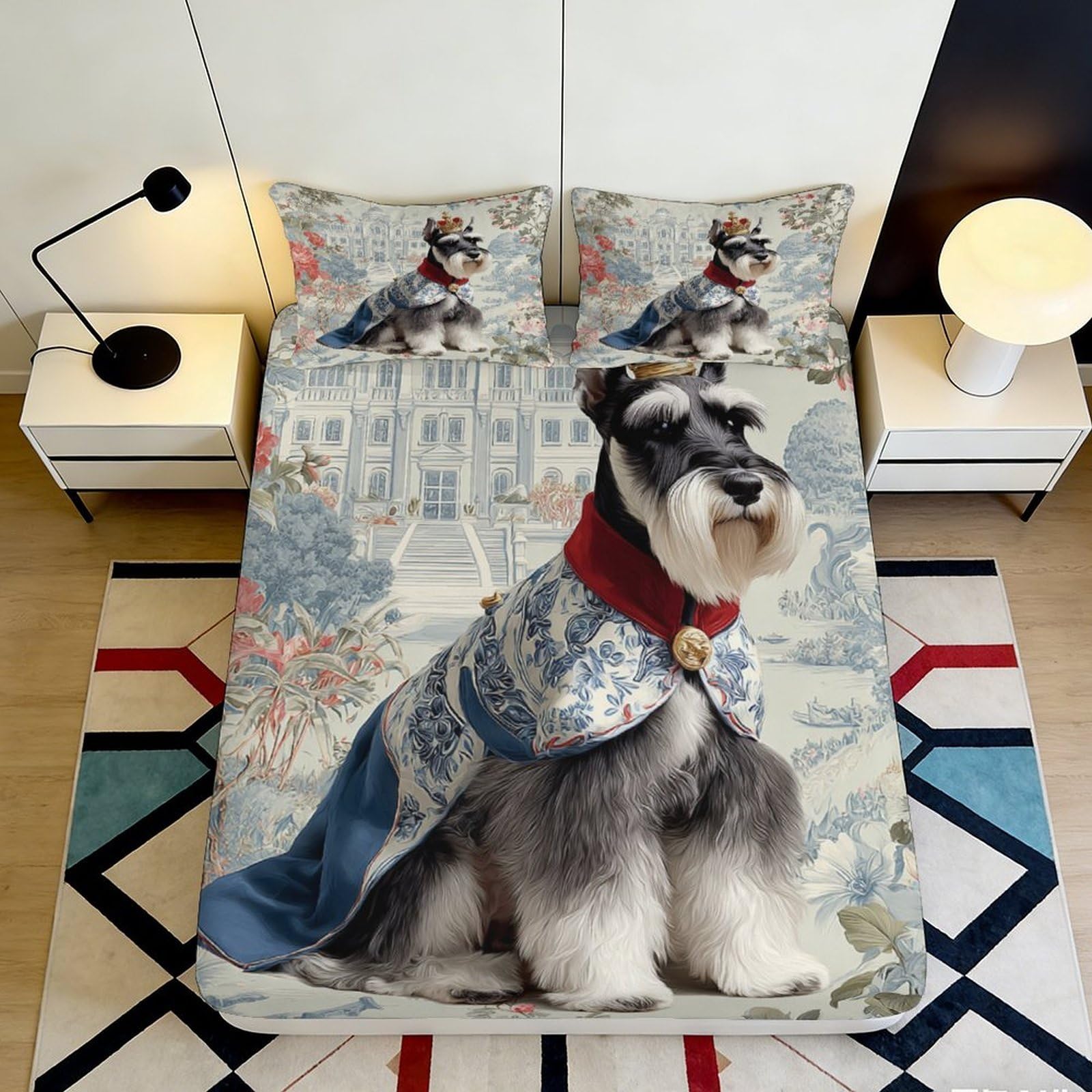 3D Printed Schnauzer Royal Palace Fitted Sheet Microfiber Non-Slip Bed Cover for Bedroom Dorm Easy Care Decor 90x200x25cm