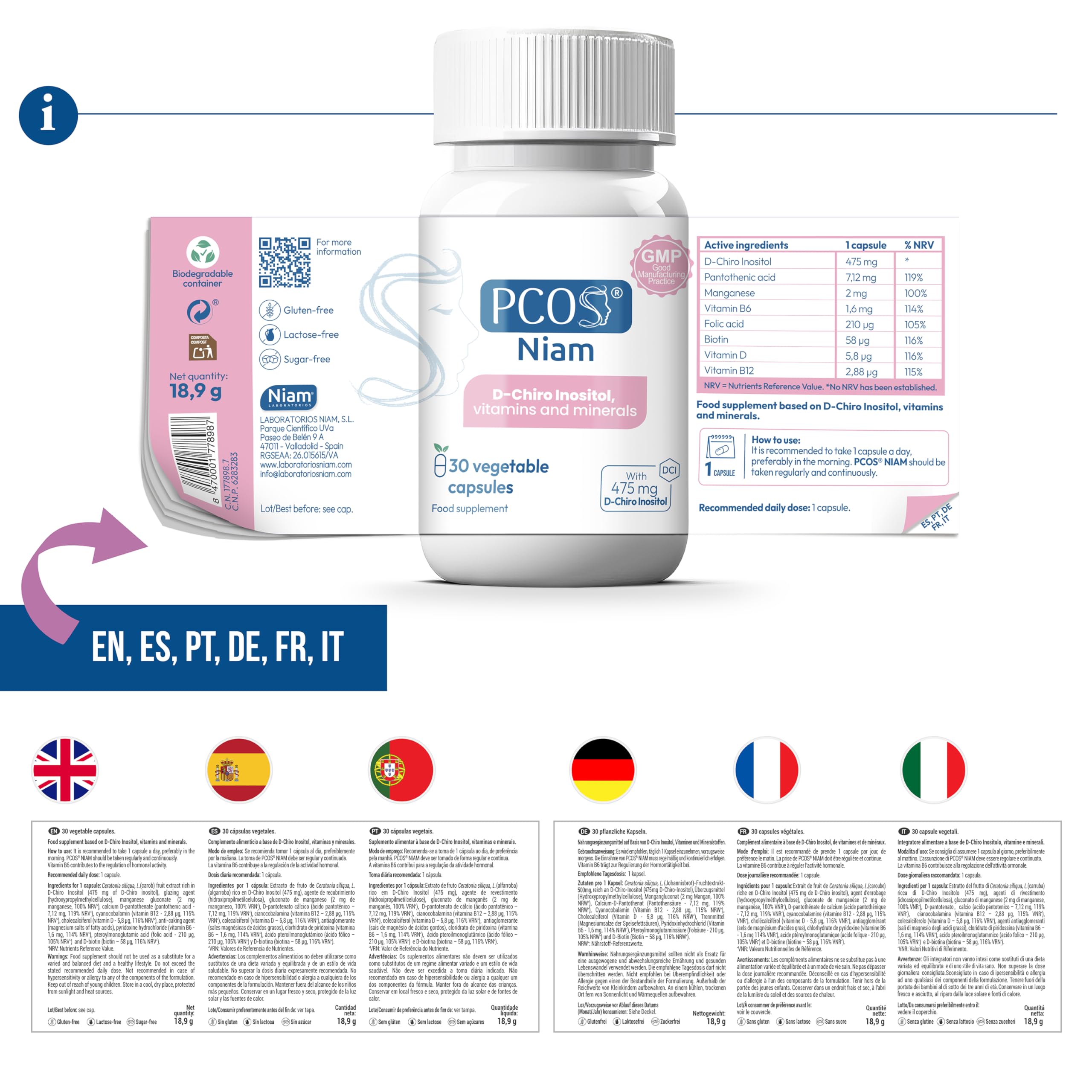 [60 cáps] PCOS NIAM | Para 2 meses | D-Chiro Inositol SOP | Con Ácido Fólico, Biotina, Vitamina B12, B6 y D3 | Suplemento Ovarios Poliquísticos | Regulación Hormonal | Ácido fólico, biotina y vitaminas B6, B12 y D3 | Suplemento Ovarios Poliquísticos | 60