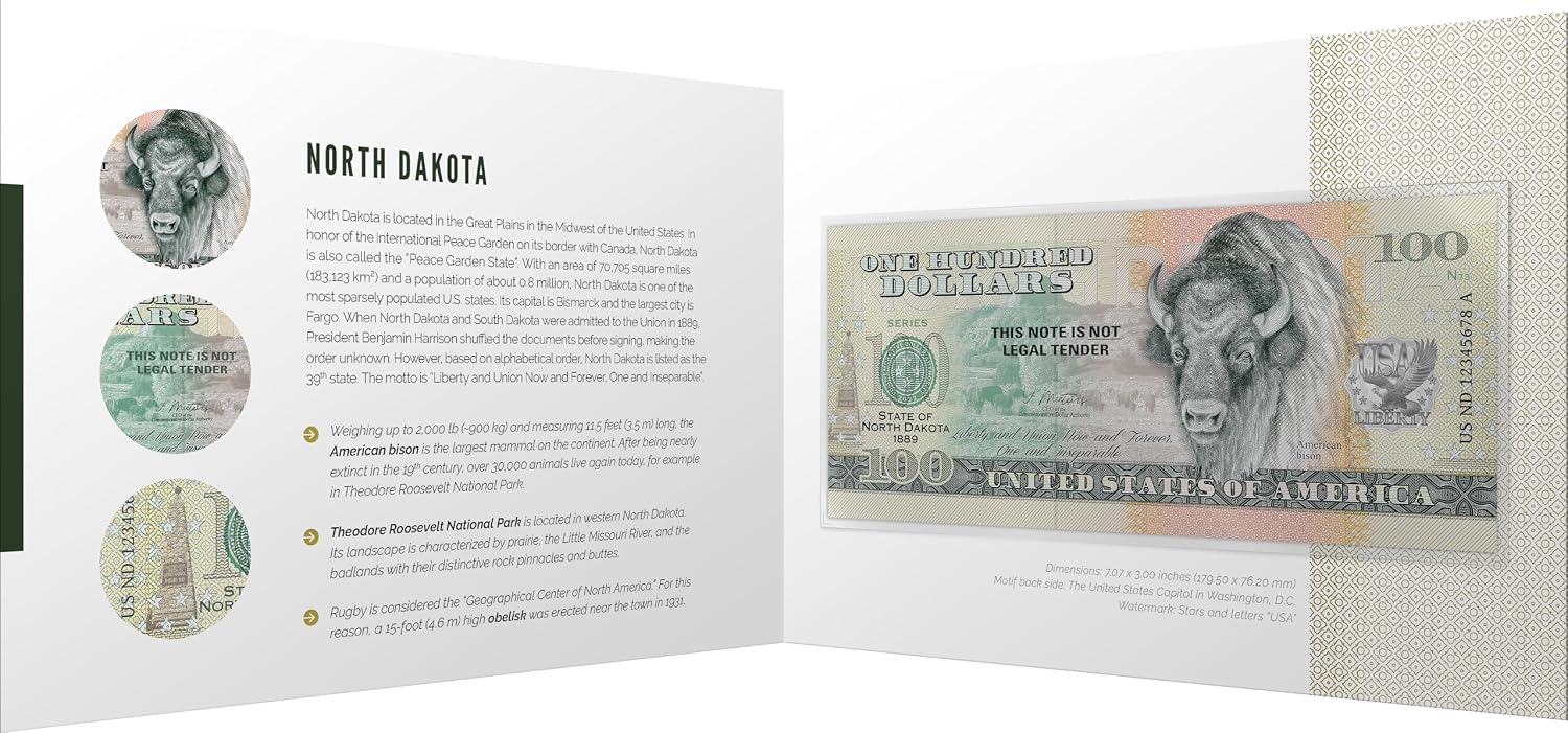 MPACTO COLECCIONABLES | North Dakota Souvenir Dollar Note – Novelty Collectible Banknote with UV Details (Not Legal Tender), Part of The 50 U.S. States Commemorative Collection