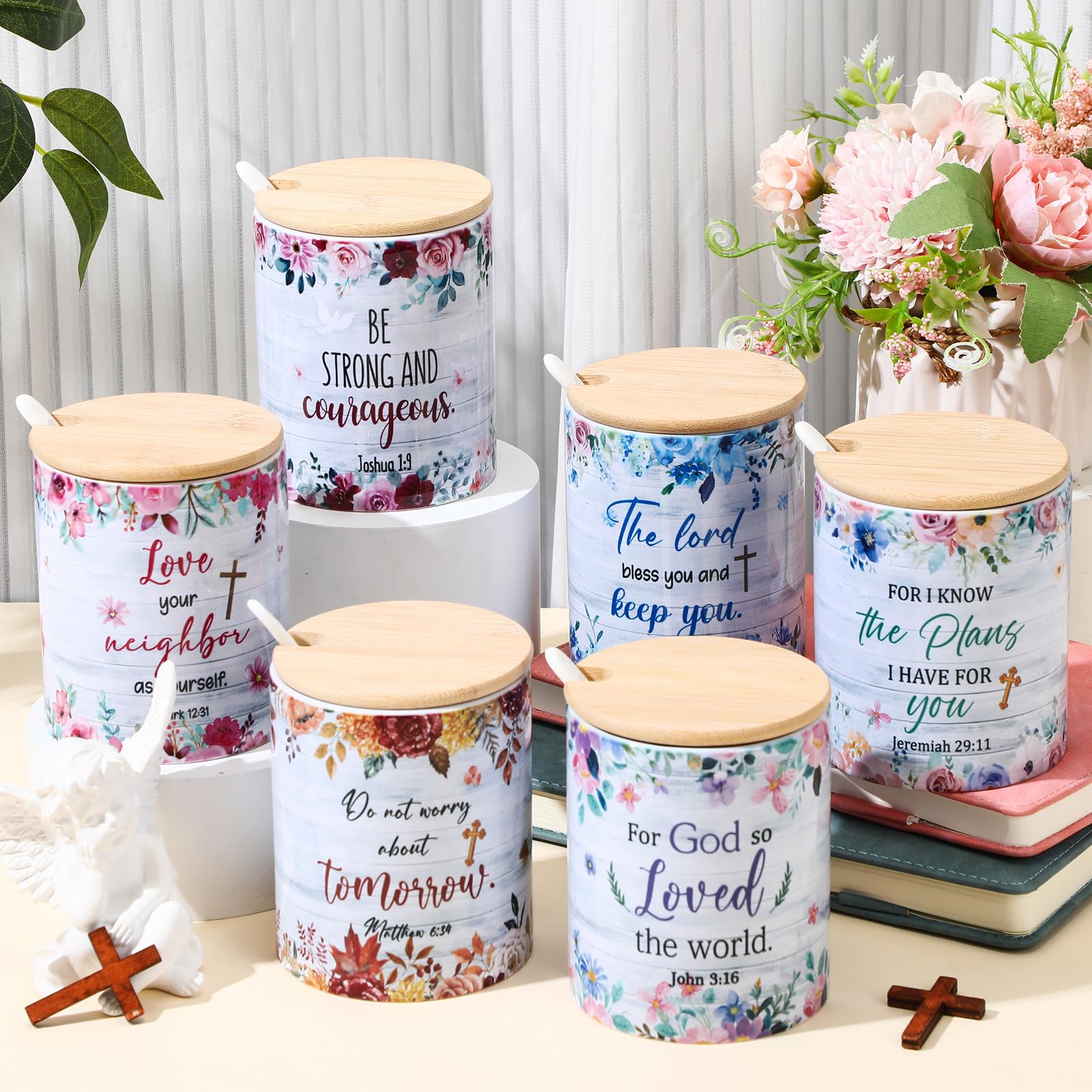 Remerry Lot de 6 tasses à café chrétiennes pour femme - 355 ml - Inspirations religieuses - Tasse vintage en céramique avec verset de la Bible - Tasse avec couvercle et cuillère - Cadeau d'église pour