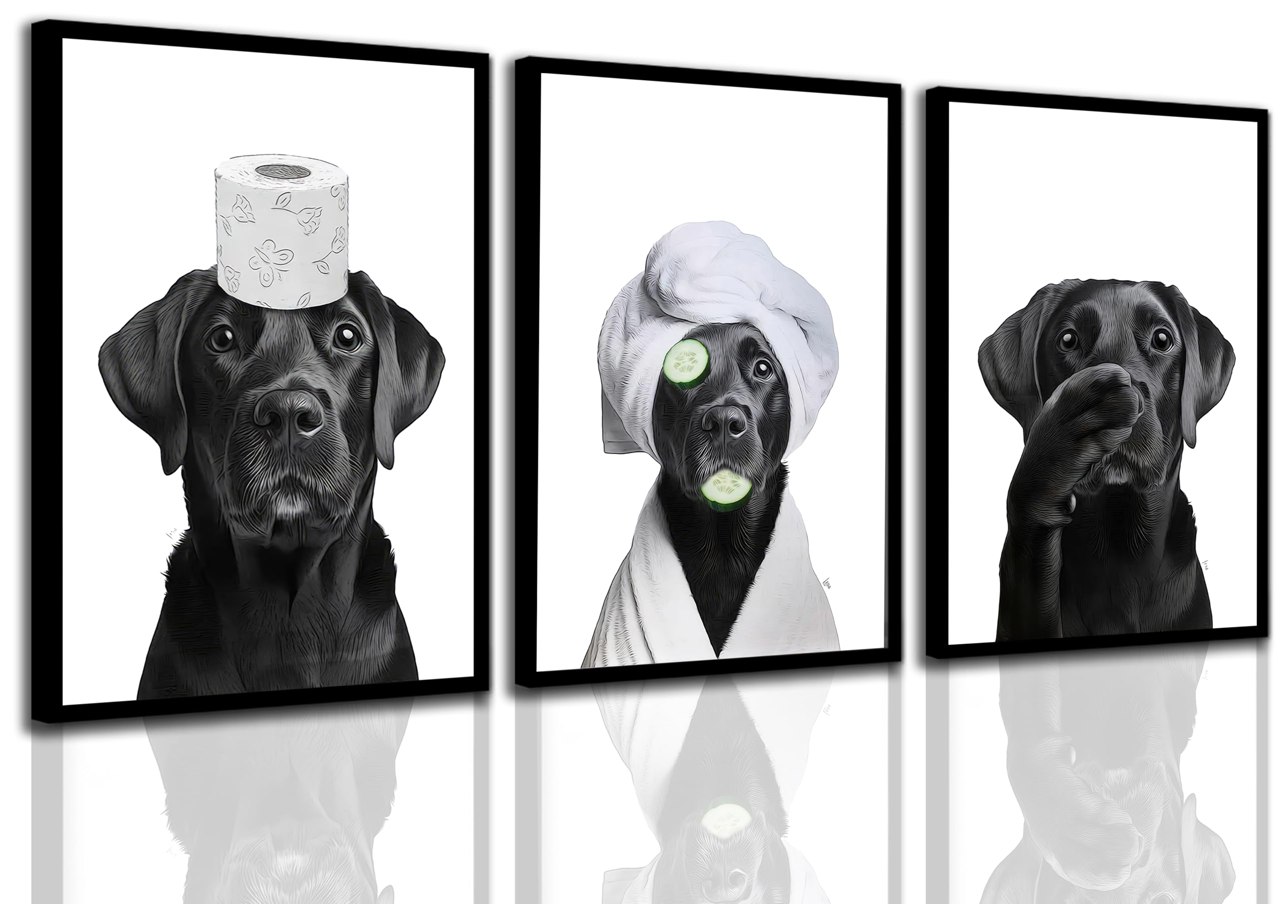 MALED0 3Pcs Black Labrador Dog Bathroom Canvas Wall Art, Cute Black and White Picture Painting for Restroom Washroom Toilet Home Decor, Unframed