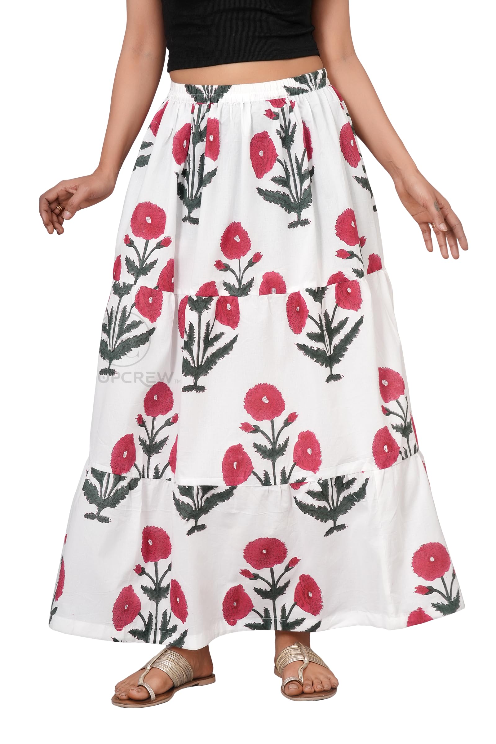 Women White & Red Floral Cotton Maxi Skirt | Boho Flow | Elastic Waist | Summer Wear-picture-56