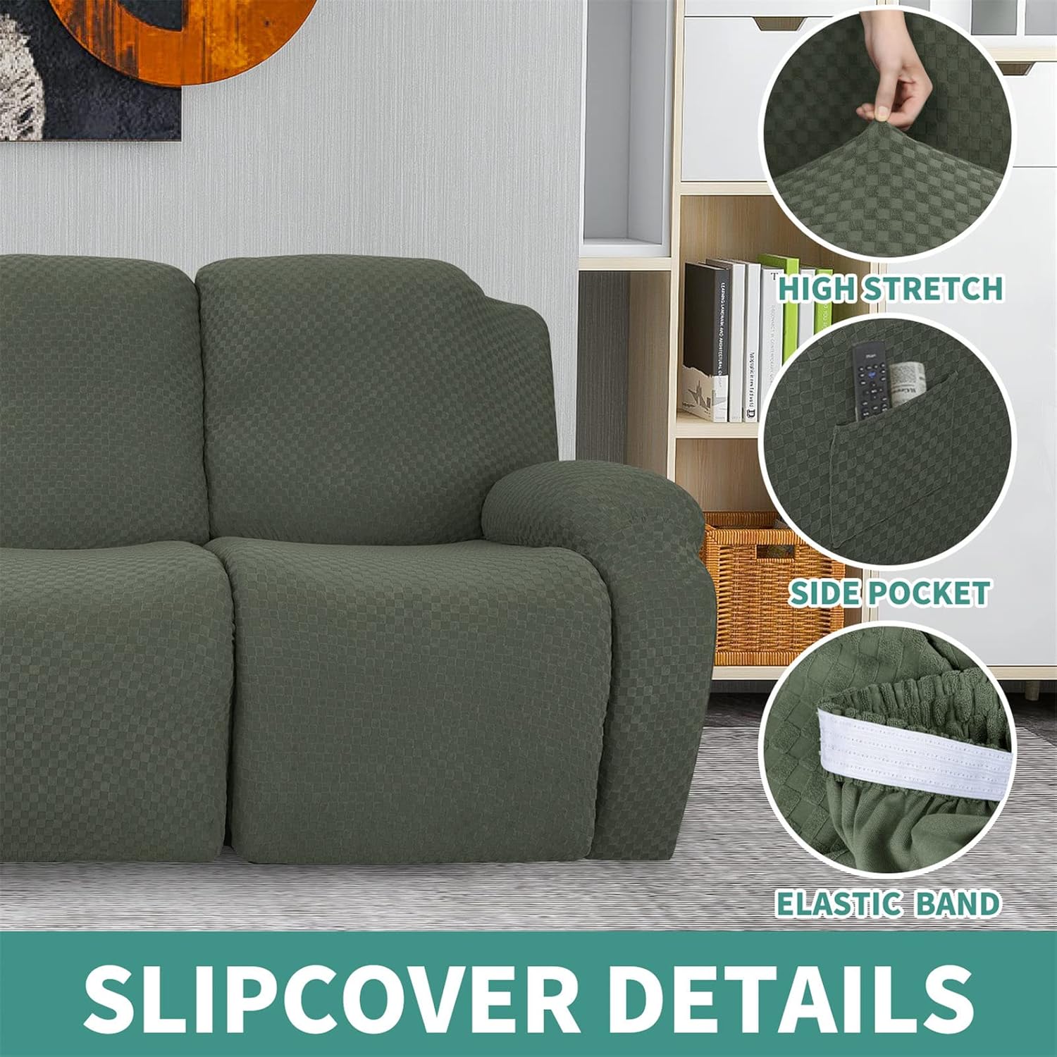 Stretch Recliner Slipcover for 1 2 3 Seater Reclining Couch Chair Cover Sofa Cover for Recliner Furniture Protector (Military Green,2 Seater)