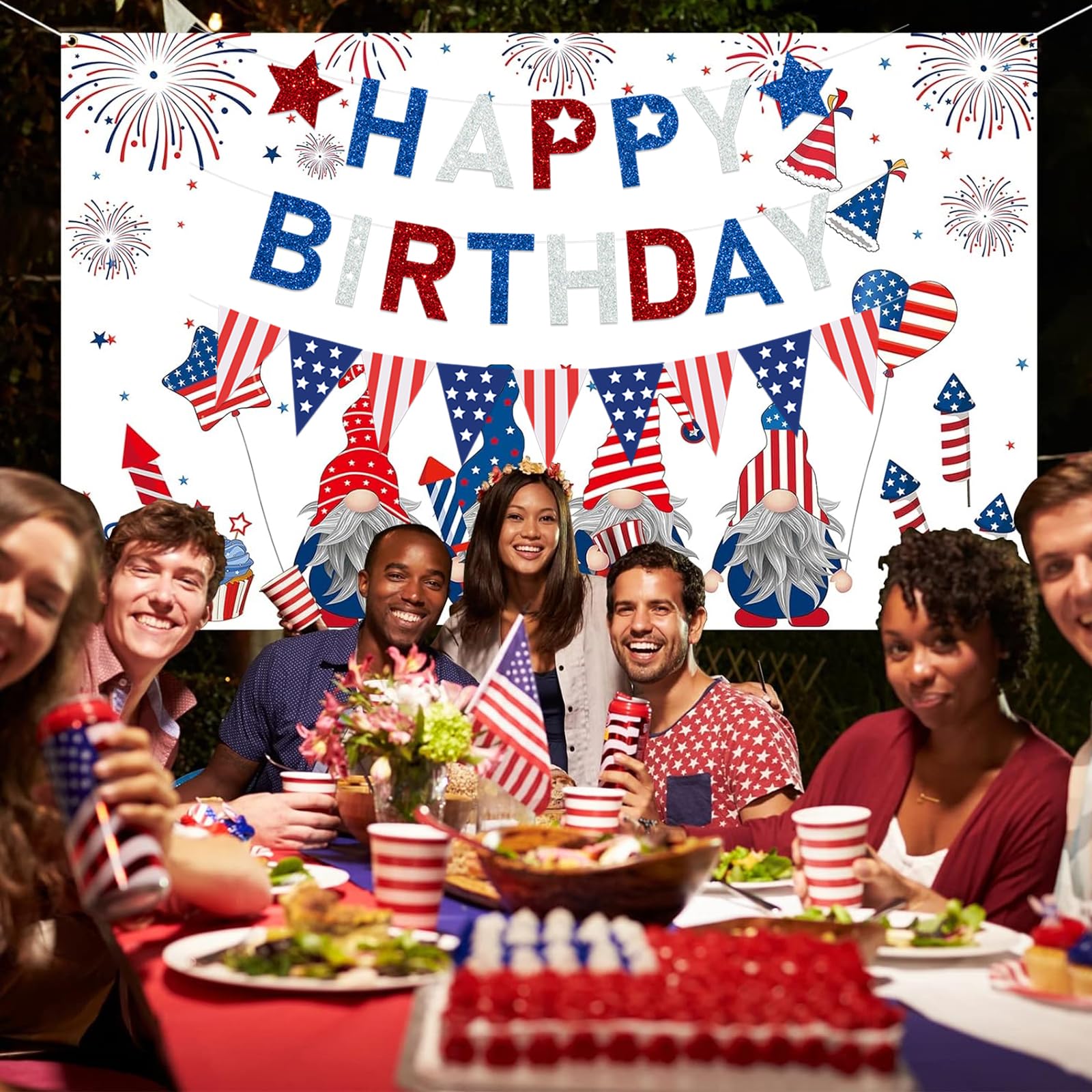 Guirnalda de banderines de bandera de cumpleaños del 4 de julio, estrellas americanas, banderas, banderines triangulares de Estados Unidos, guirnalda de estrellas rojas, blancas y azules para