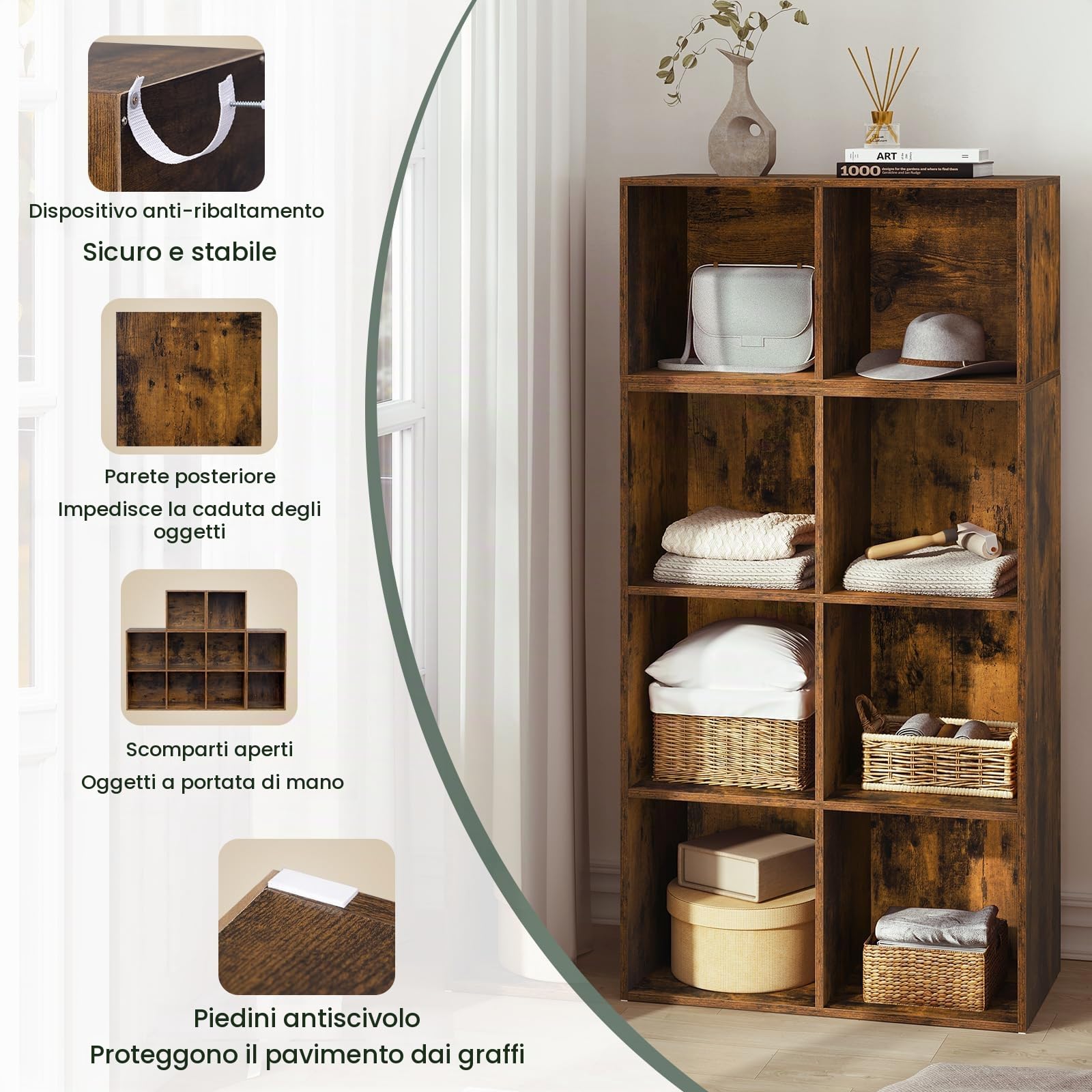 WOLTU Libreria Scaffale, Libreria a 10 Cubi, Scaffale a Scala Componibile | Mobile Portaoggetti in Legno, Divisorio per Camera da Letto, Soggiorno, Ufficio, 120x30x120 cm, Marrone Rustico