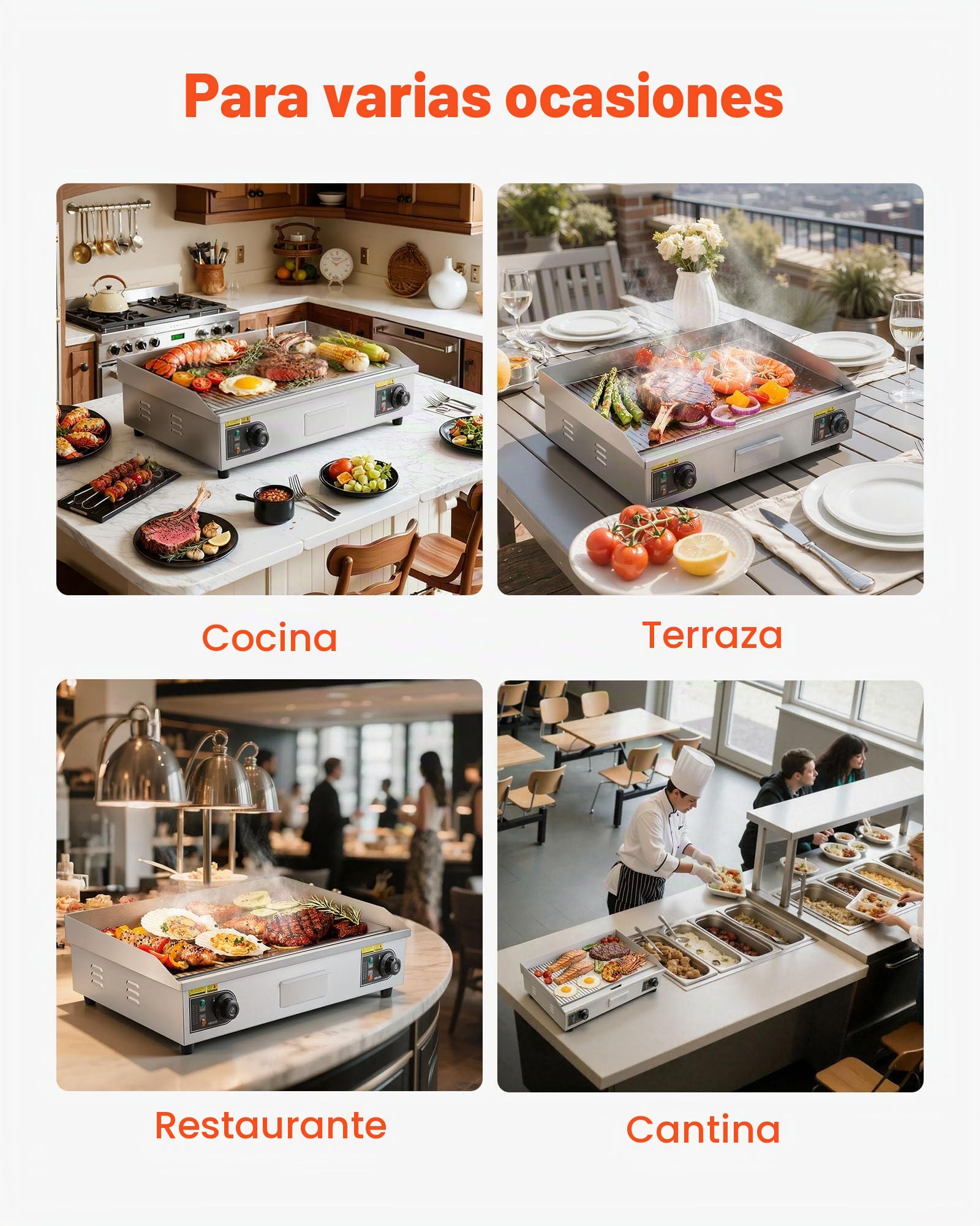 VEVOR Plancha Eléctrica 4400 W 725 x 400 mm, Control de Temperatura 50 a 300 °C, Parrilla de Encimera de Acero Inoxidable con Superficie Plana, 4 Almohadillas para los Pies, para Carne y Panqueques