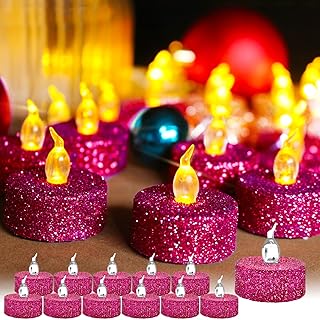 TINYOUTH 12 velas LED de té, velas de té sin llama, luces de té LED parpadeantes, pilas incluidas para decoración de bodas, fiestas, aniversarios, compromisos, color rojo rosa brillante