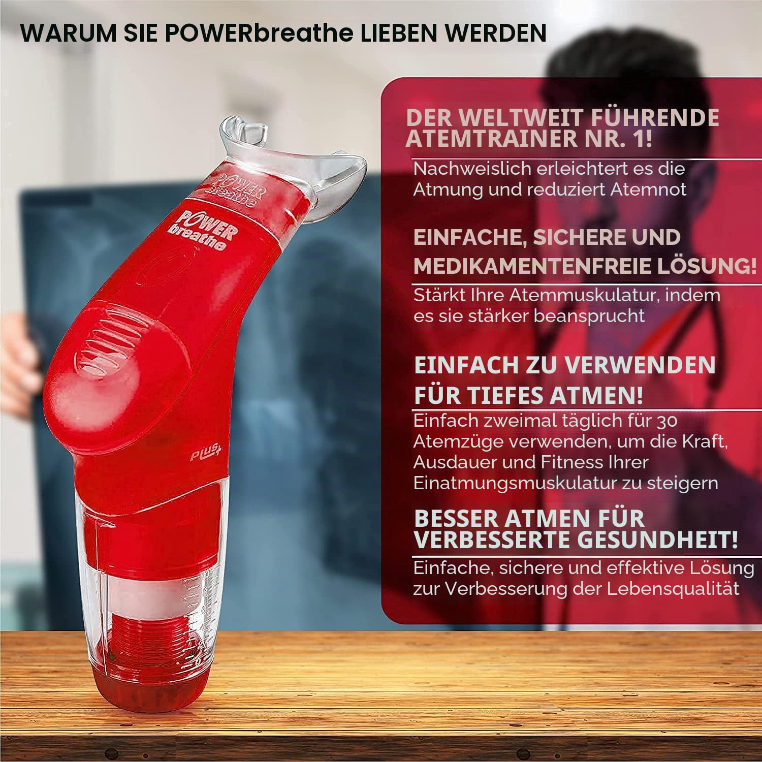 Powerbreathe Lungentrainer Plus starker Widerstand, schwarz