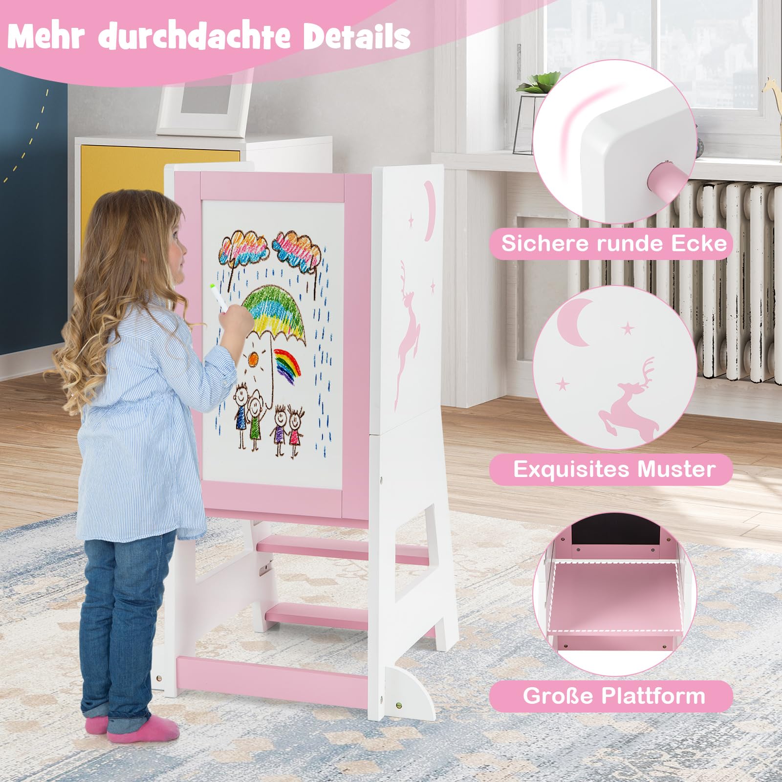 DREAMADE 2-in-1 Lernturm mit Tafel, Höhenverstellbarer Tritthocker aus Holz, Kinder Kreidetafel mit 3 Bunten Marker, Kinderlernturm ab 1 Jahr, belastbar bis 70kg (Weiß + Pink)