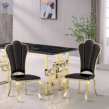 Mid-Century Modern Dining Chairs, Set of 2, Black Leatherette, Gold Stainless Steel Legs & Petal Back, Armless Upholstered Kitchen Chairs
