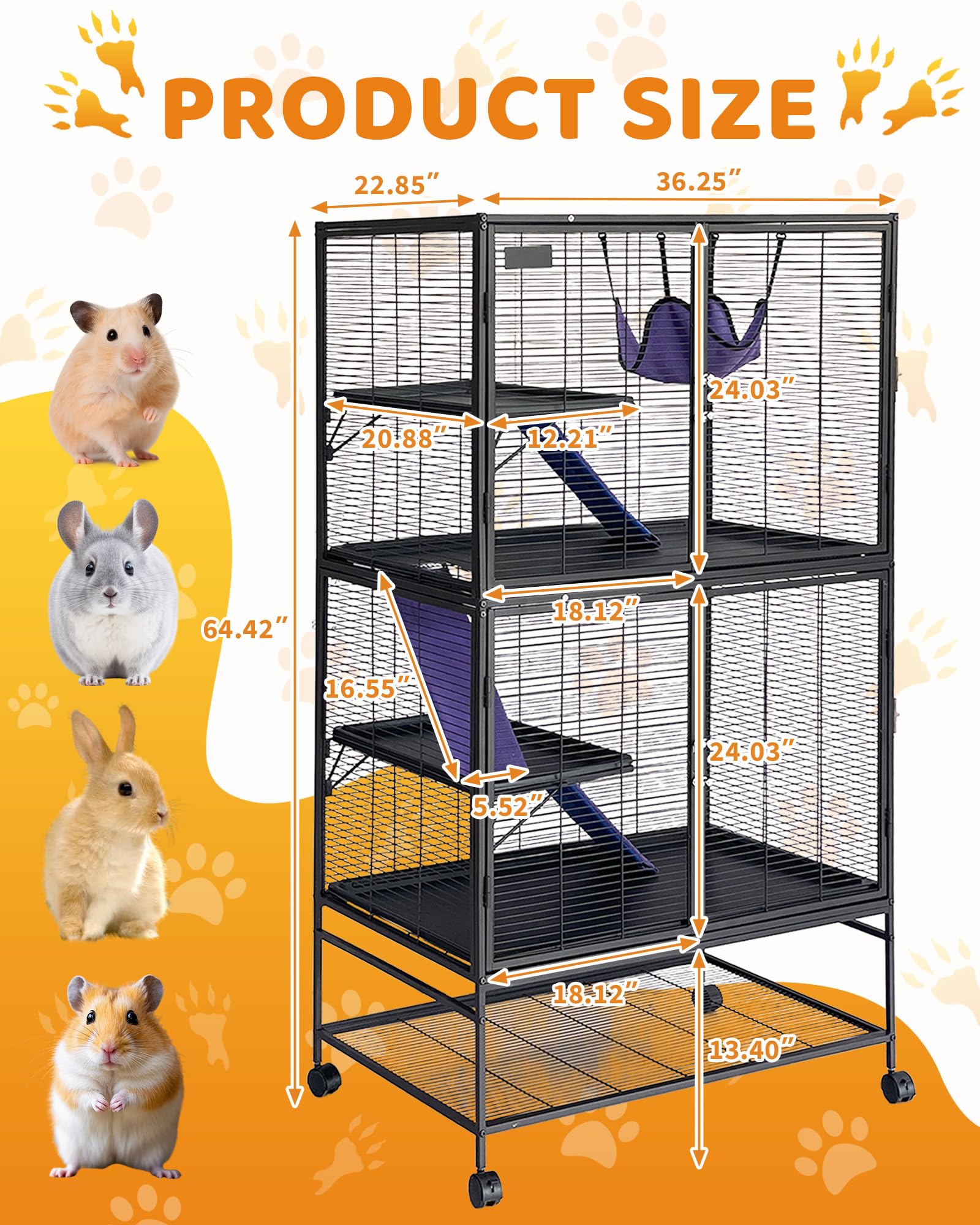 Garvee Kleintierkäfig, 162,6 cm hoch, Deluxe-Frettchenkäfig, 4 Etagen, großer Chinchilla-Käfig mit abnehmbarer Rampe, Hängematte, extra Stauraum, herausnehmbares Tablett für Frettchen, Chinchilla