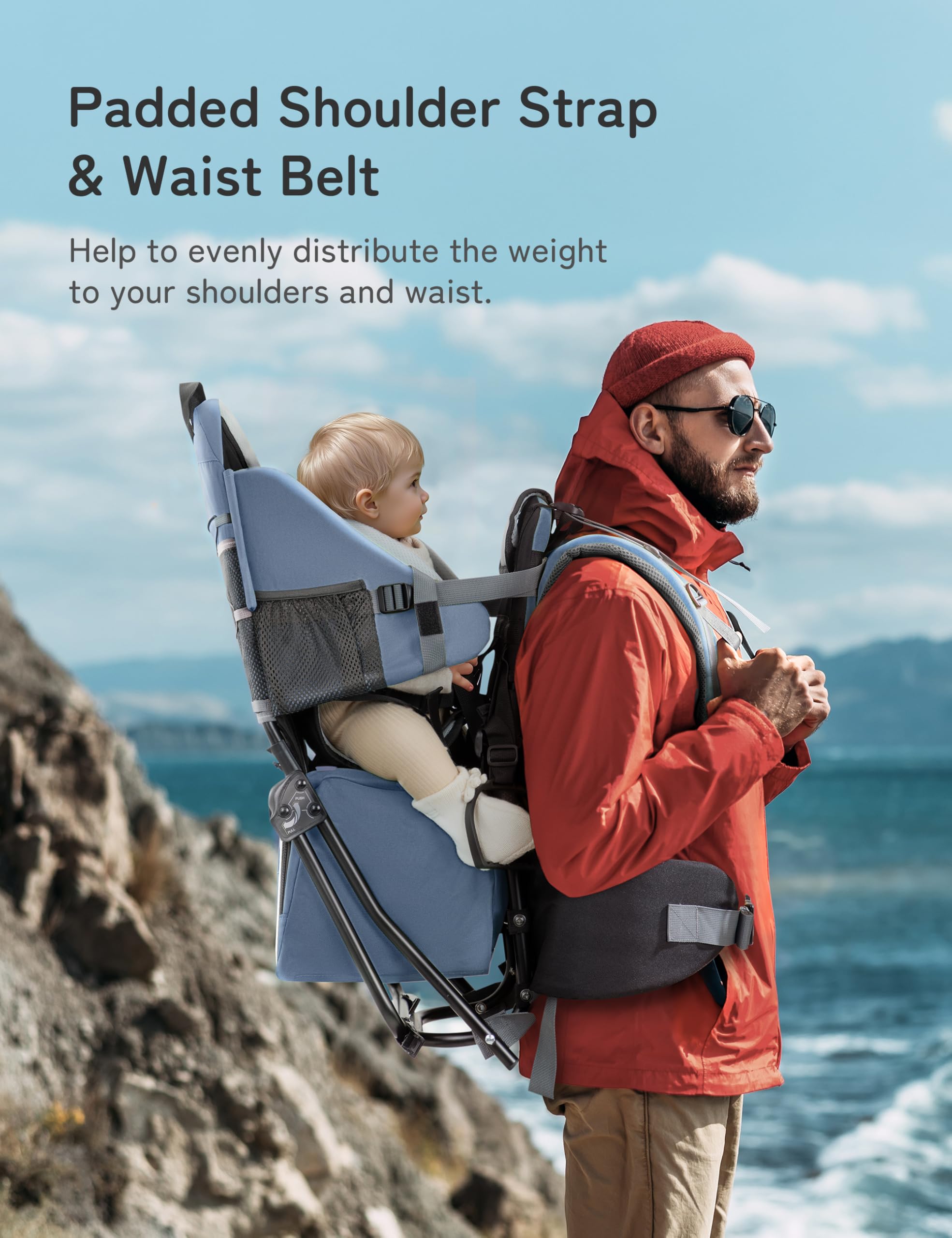 besrey Mochila portabebés, mochila de senderismo para niños pequeños con asiento de seguridad de 3 alturas, correas ajustables y cinturón de cintura, marco plegable, ligero, gran capacidad, para