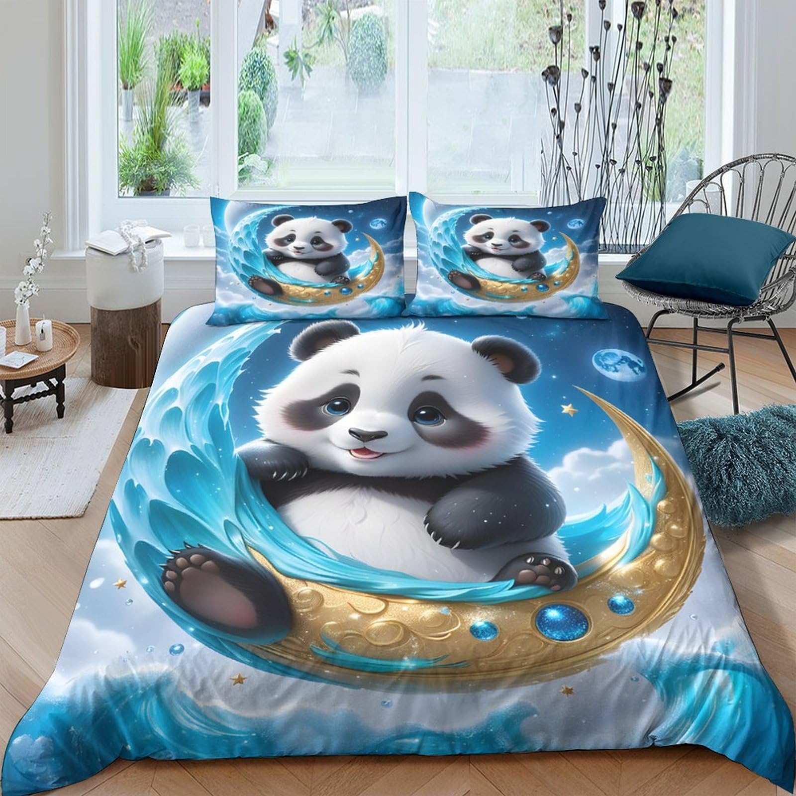 Ctjqhvkz Style-4 3D Printed Cute Panda Fitted Sheet Microfiber Soft Blue Cartoon Moon Bed Cover For Bedroom Dorm Mattress Decor Single（135X200cm）