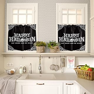 Tier Curtains 36 Inch Length for Small Windows, Halloween Farmhouse Curtains Drapes, Eat Drink and Be Scary White Spri-der Net Rod Pocket Window Curtains for Living Room/Bedroom/Bathroom, 27.5"x36"x2